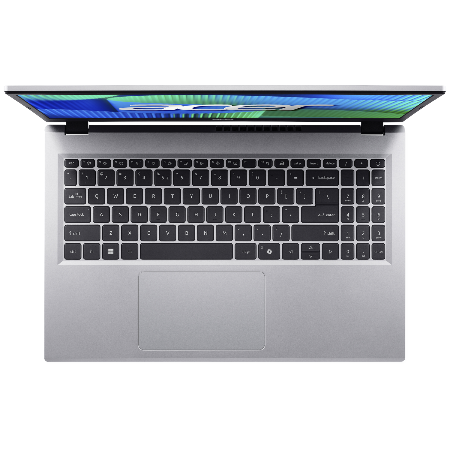An open silver Acer laptop with a blue and green wallpaper.