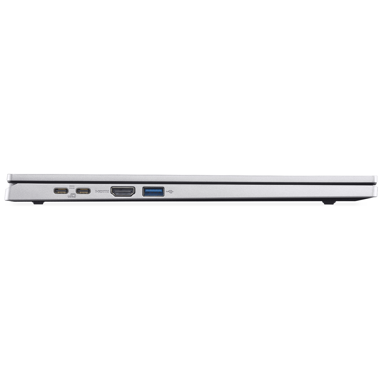 Silver laptop profile showing USB-C, HDMI, and USB-A ports.