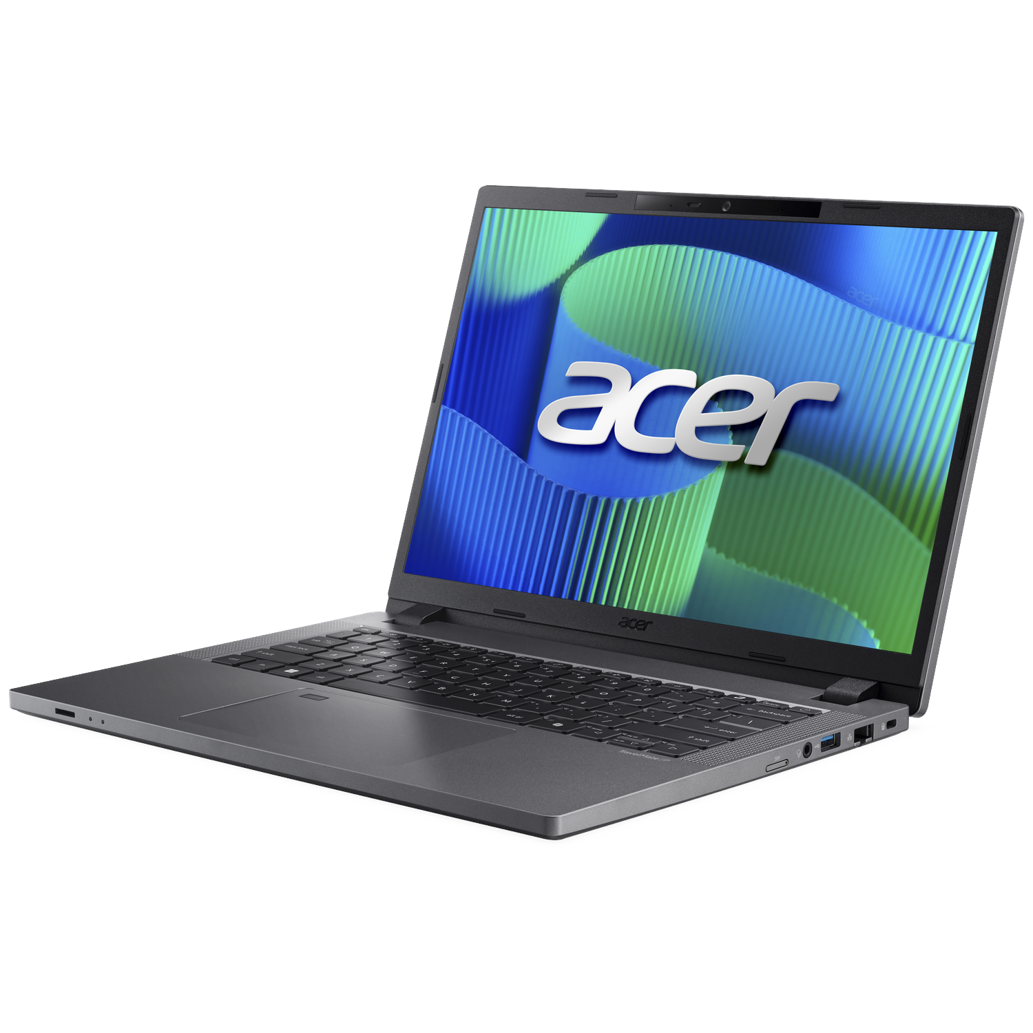 Een grijze Acer laptop met een blauw-groene achtergrond op het scherm.