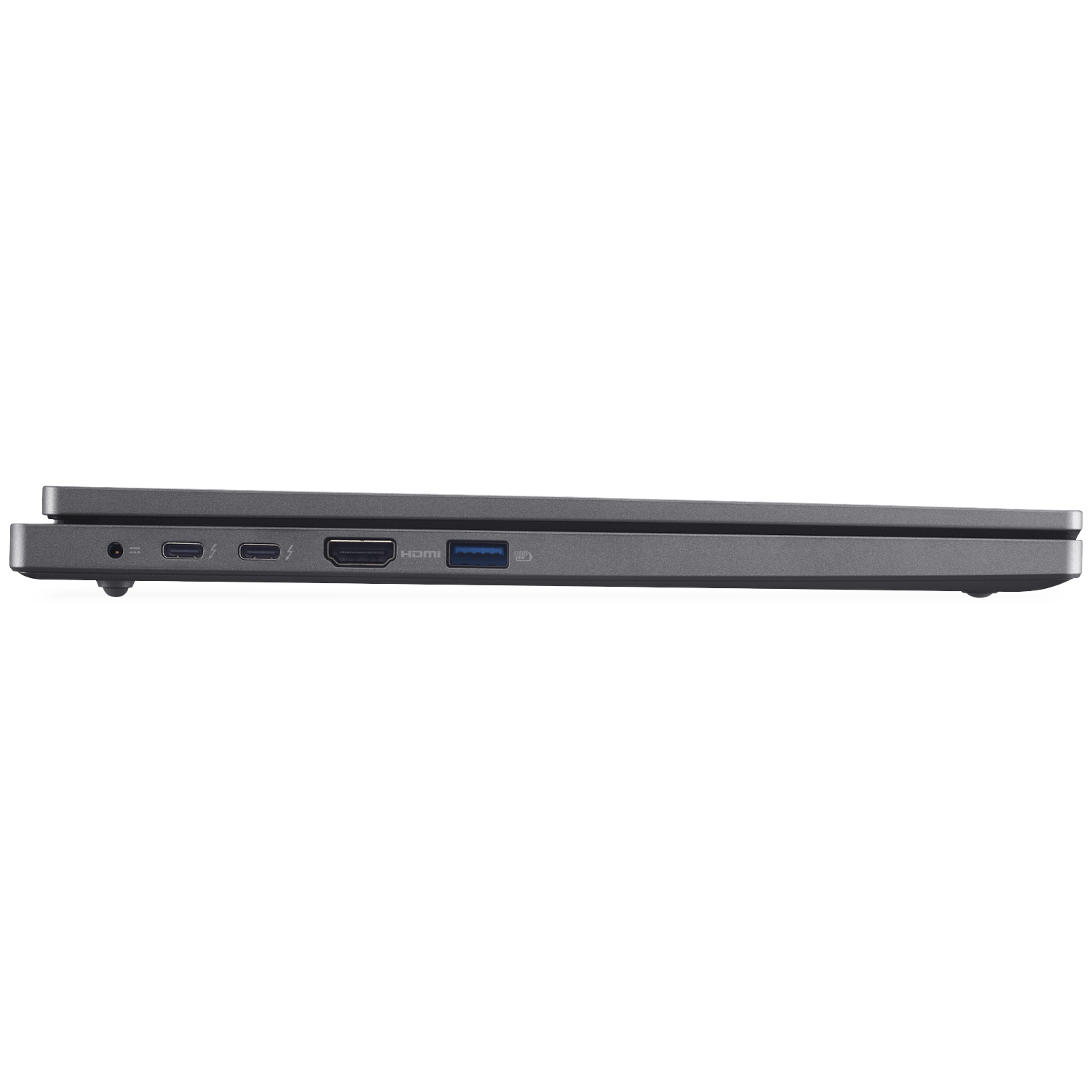Grijs laptop profiel met poorten: jack, 2x USB-C, HDMI, USB-A.