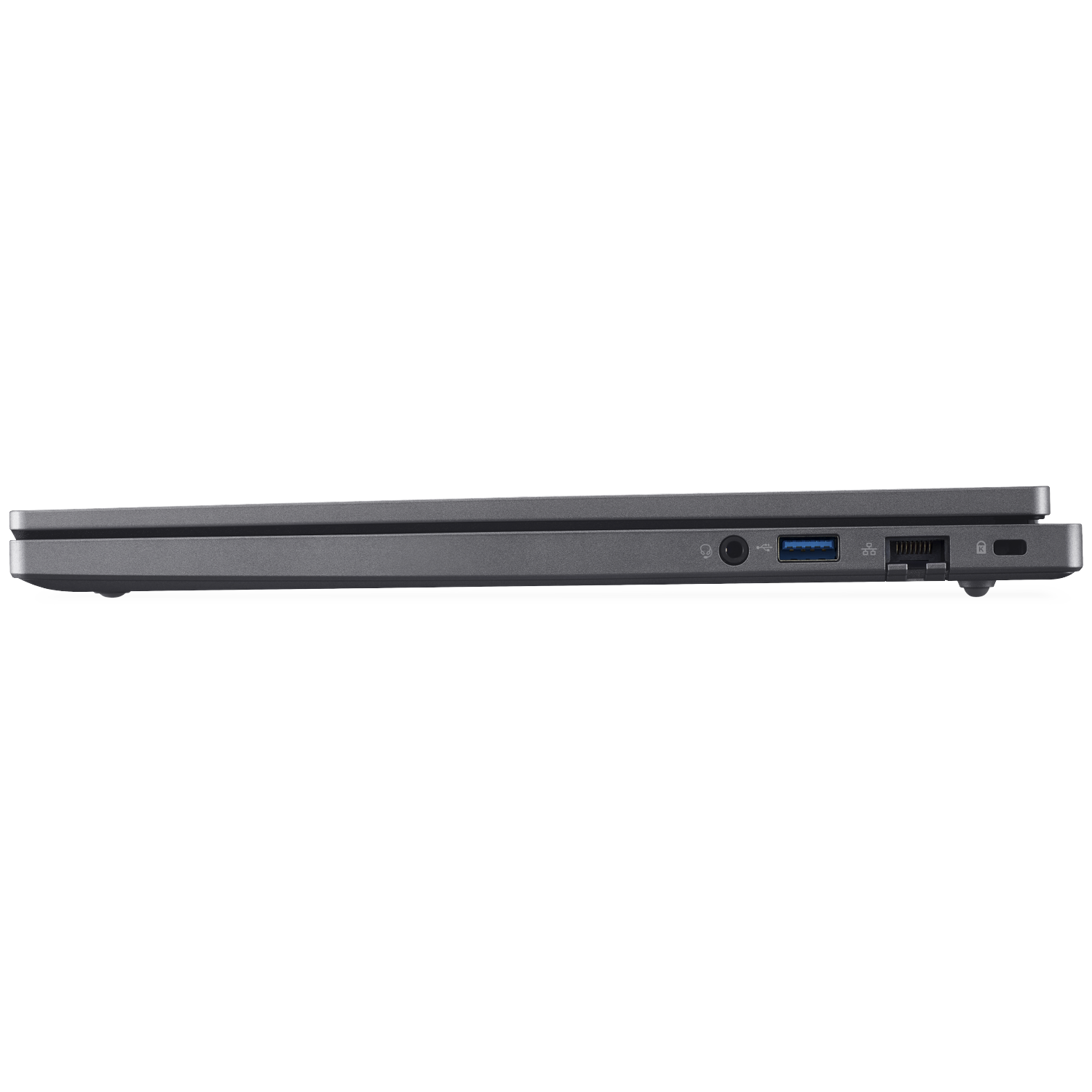 Grijze laptoprand met poorten: koptelefoon, USB-A, USB-C, Ethernet, aan/uit-knop.