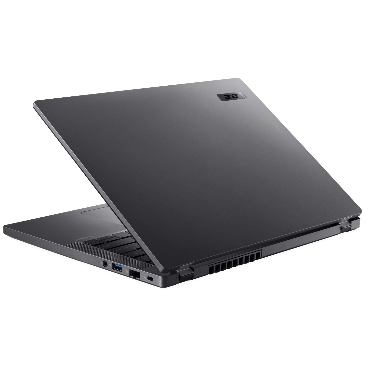Grijze Acer laptop met toetsenbord en poorten, op witte achtergrond.