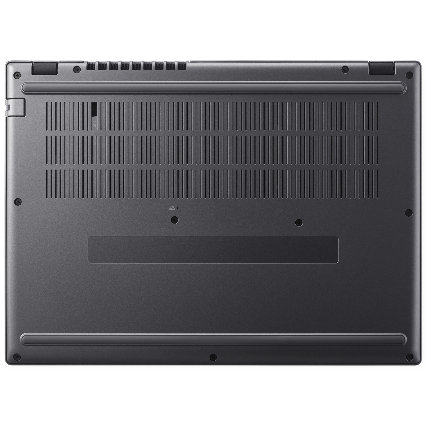 Onderkant van een donkere laptop met ventilatieopeningen en schroeven.
