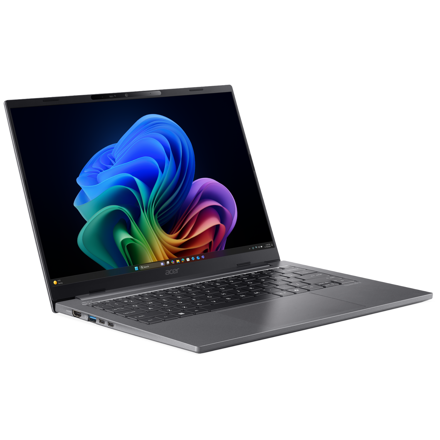 A grey Acer laptop with a colorful wallpaper displayed on its screen.