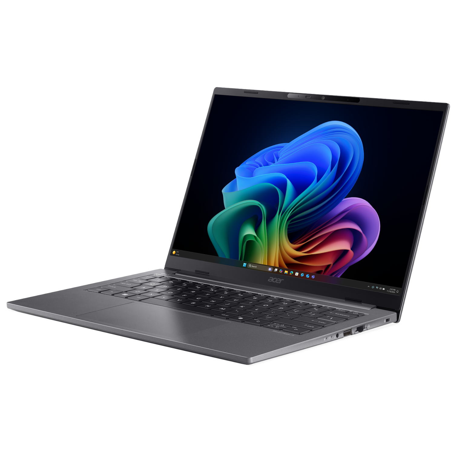 An open gray laptop displaying a colorful wallpaper on its screen.