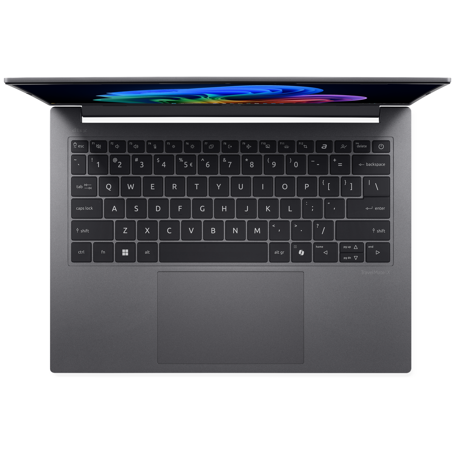 A closed dark laptop with a lit keyboard and screen showing a colorful abstract image.