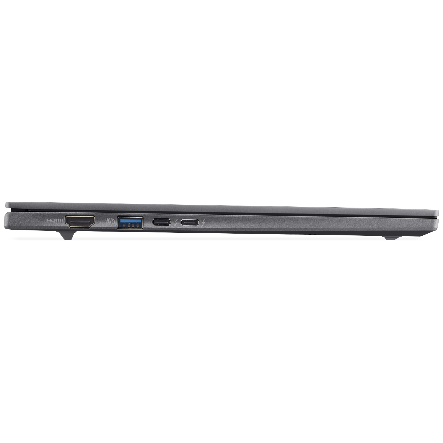 Side of a gray laptop showing HDMI, USB-A, USB-C, and Thunderbolt ports.