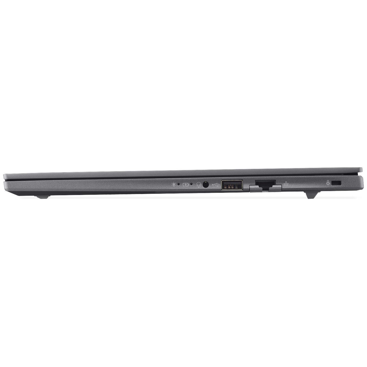 Gray laptop side profile showing USB, audio, Ethernet, and SD card ports.