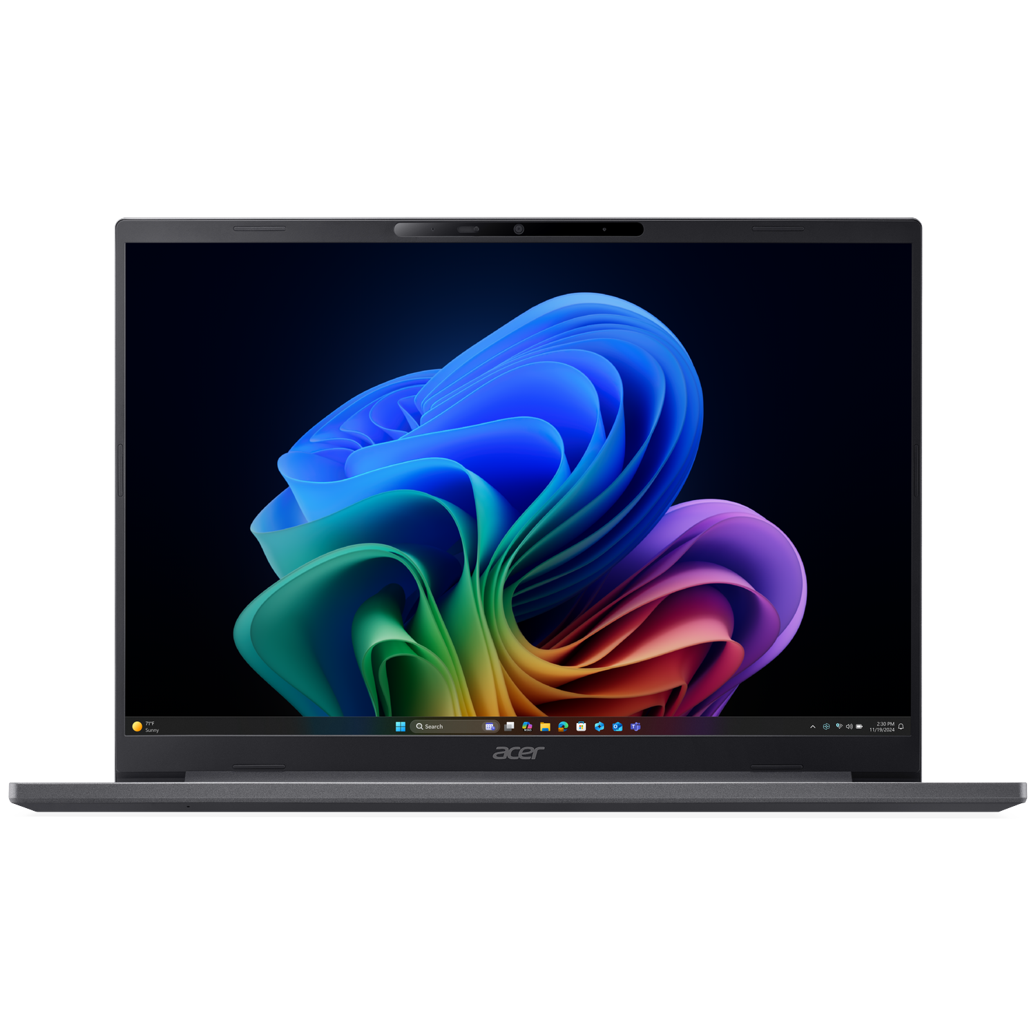 A gray Acer laptop displaying a colorful, wavy wallpaper on its screen.