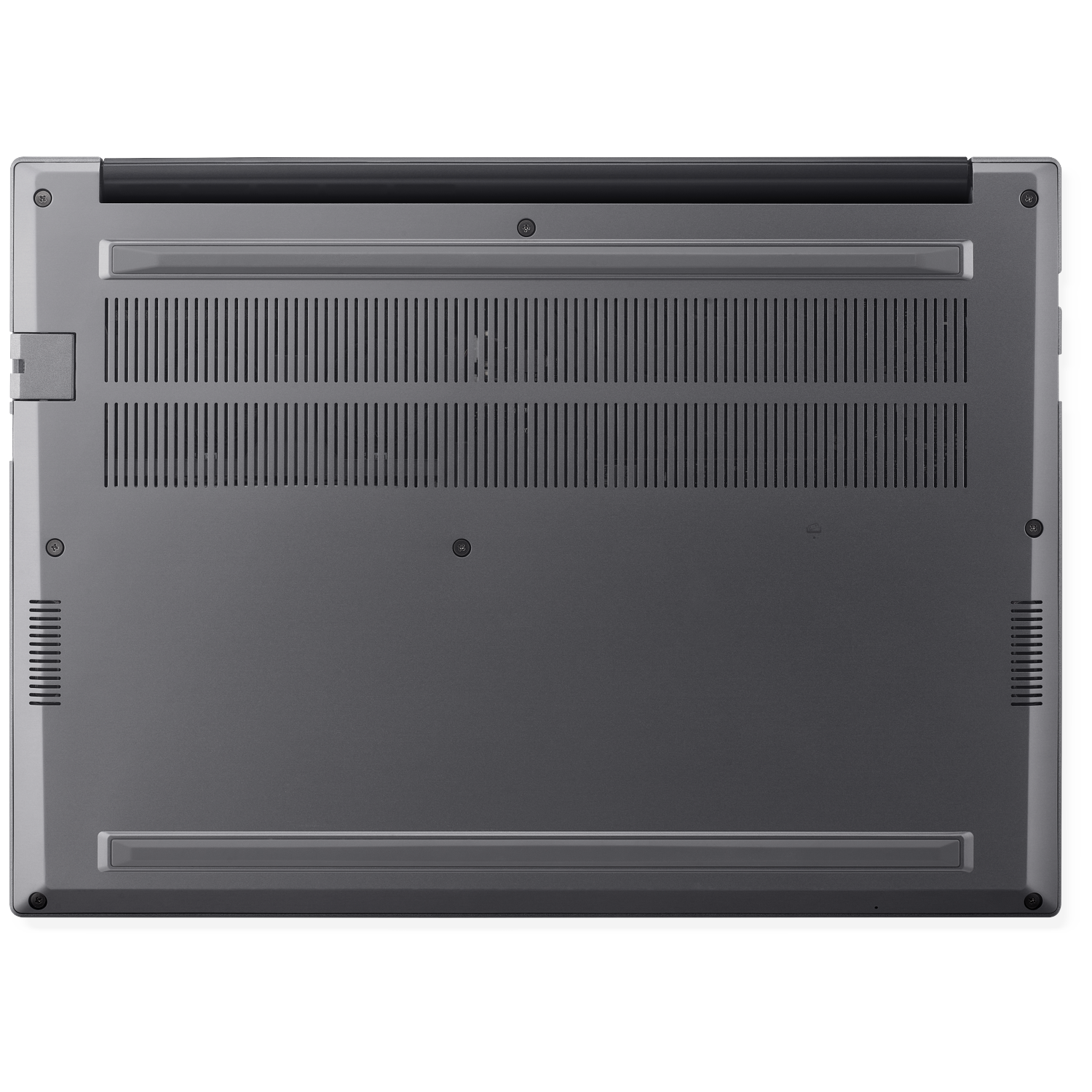 Underside of a gray laptop with ventilation slots and screws.