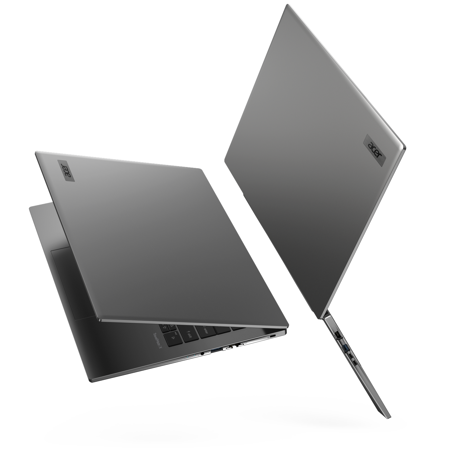 Two grey Acer laptops float against a white background, one viewed from above, the other from the side.