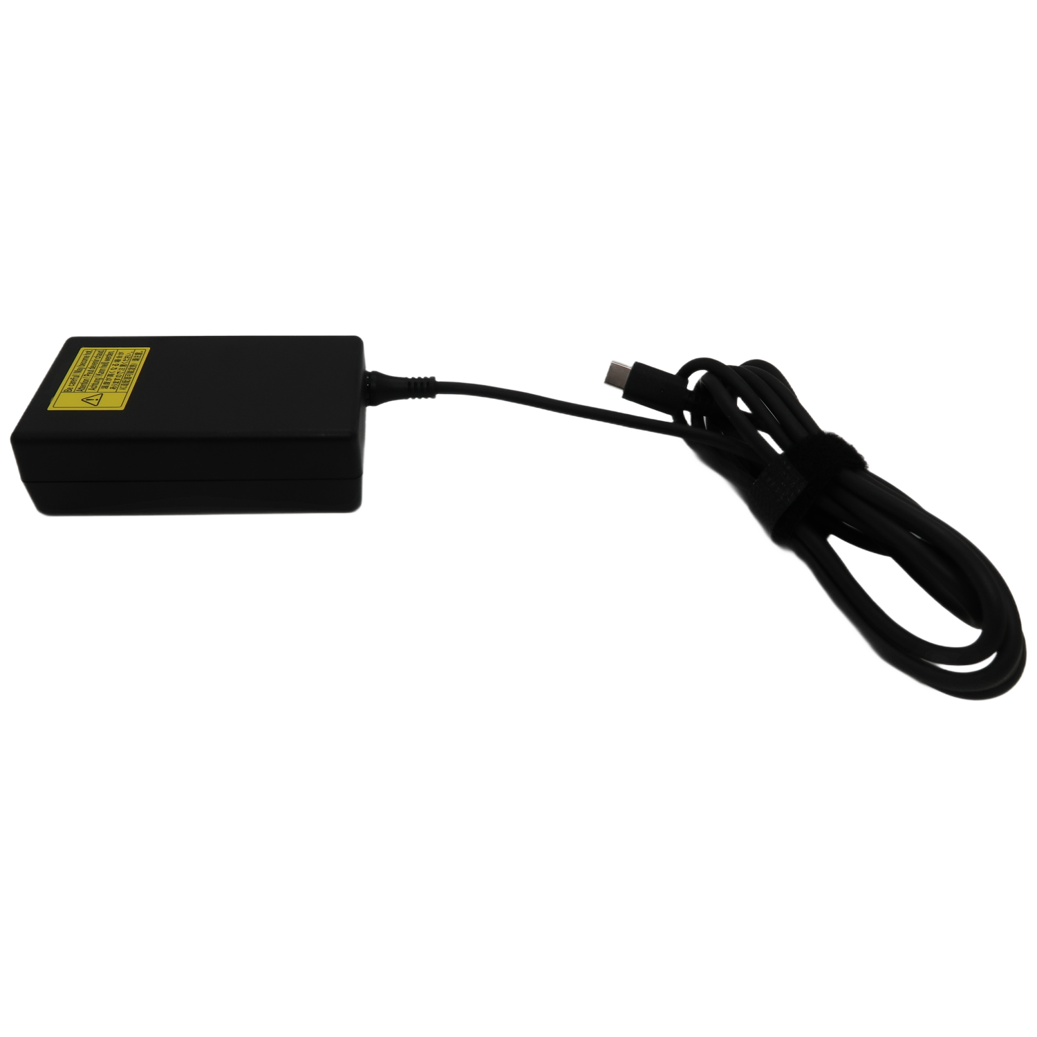 Zwarte stroomadapter met USB-C-kabel en waarschuwing.
