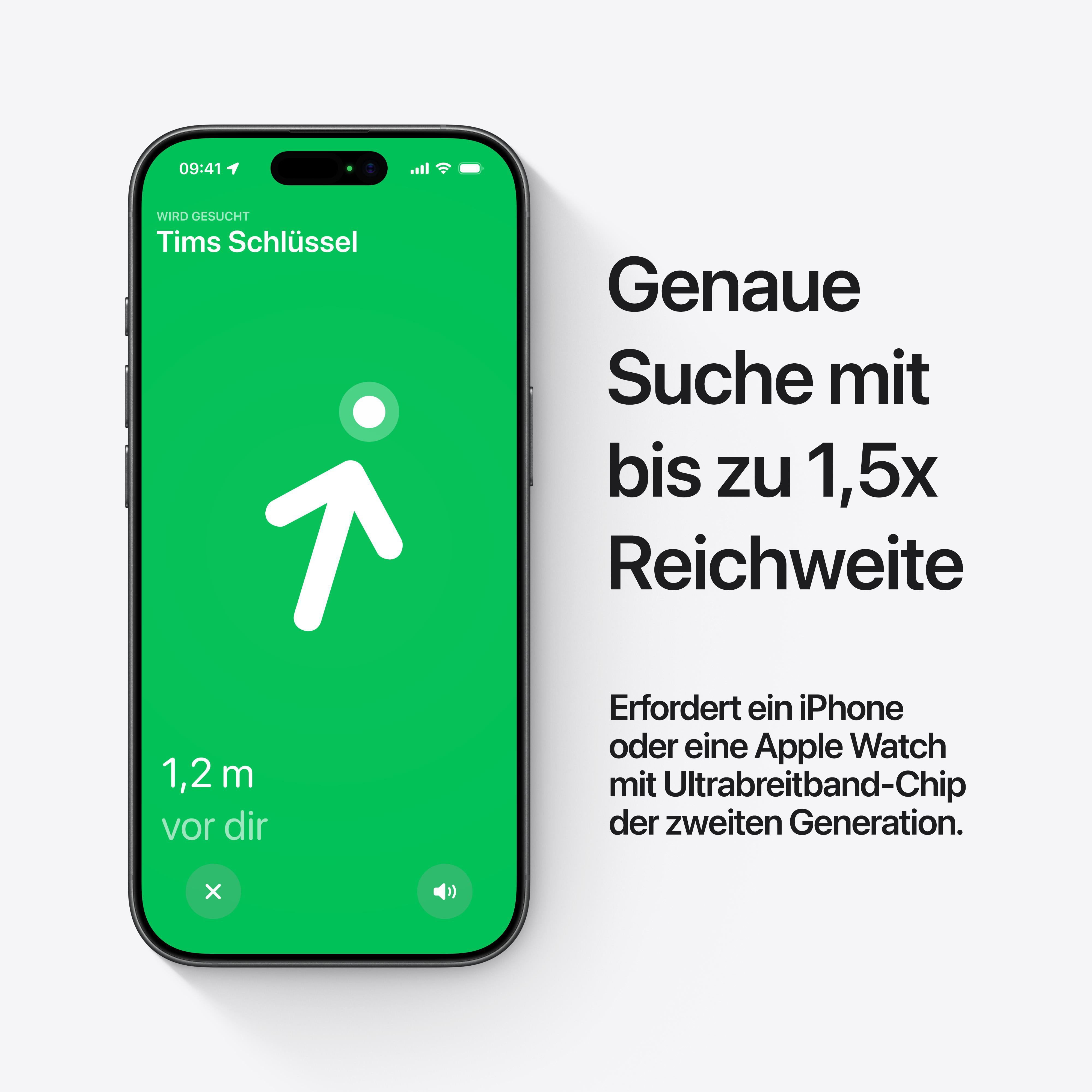 Ein iPhone zeigt an, dass Tims Schlüssel 1,2 m entfernt ist und sucht.