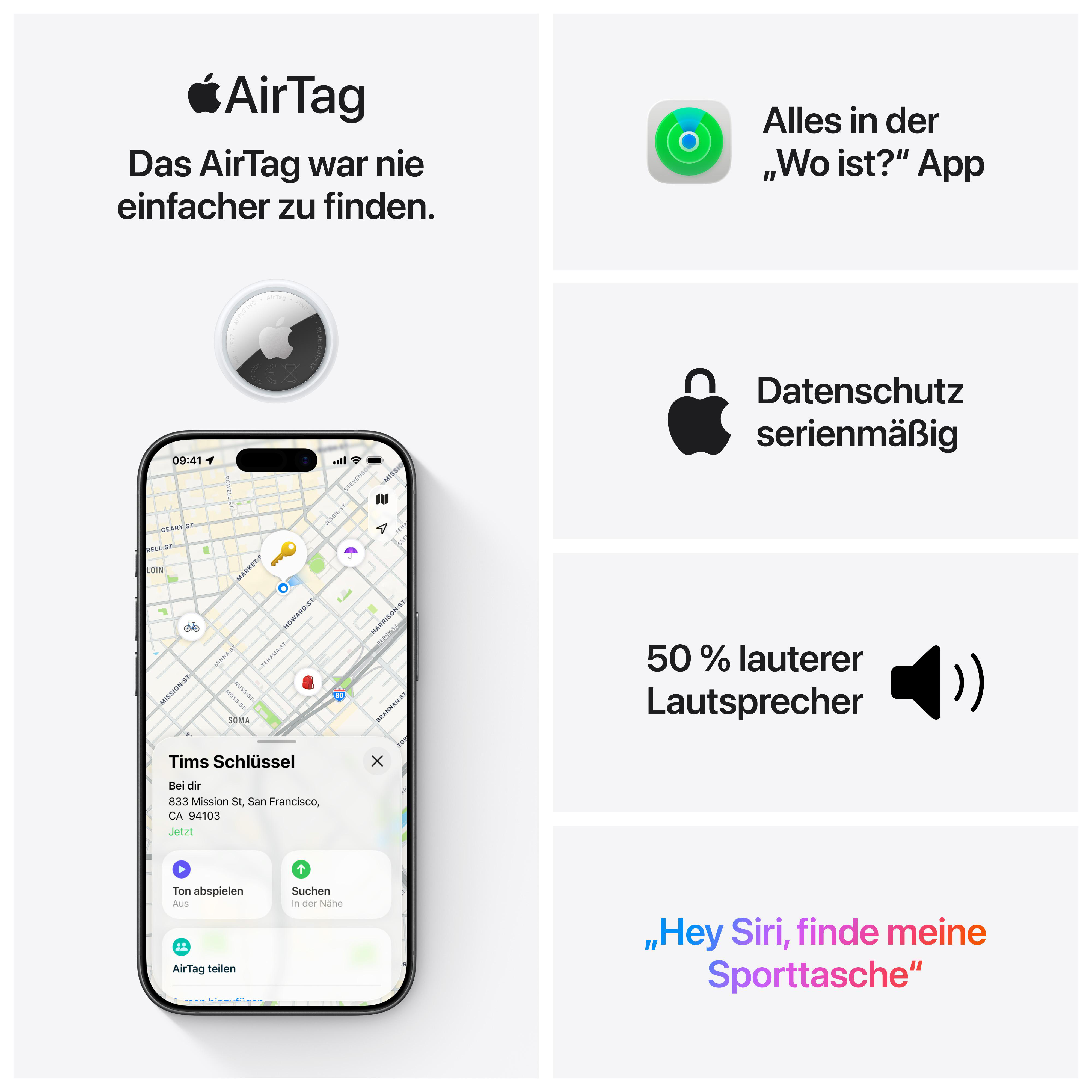 Apple AirTag mit iPhone-Karte, Suchfunktion und Datenschutz-Symbolen.