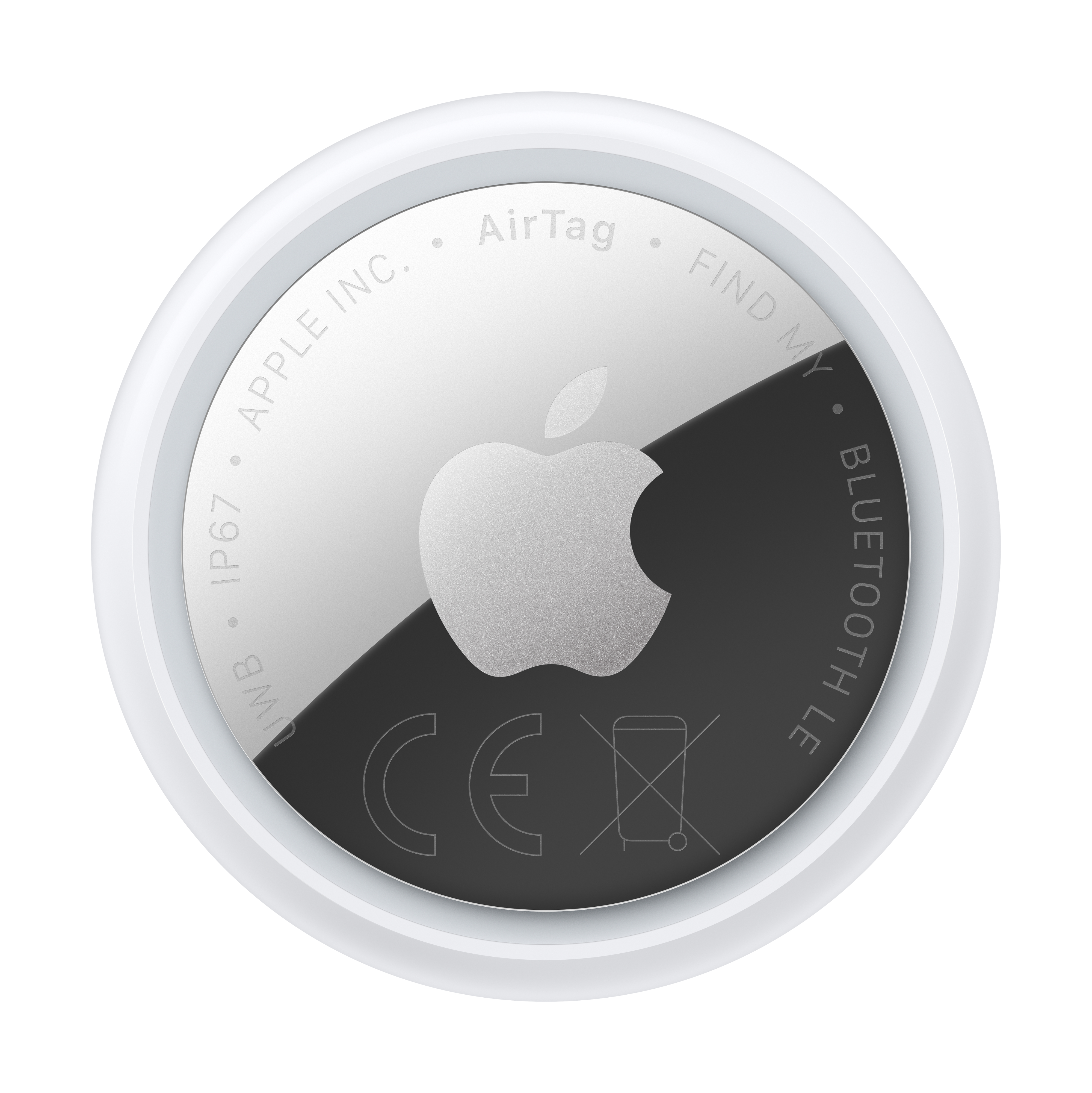 Weiße Apple AirTag mit Apple-Logo und Text, weißer Rand.