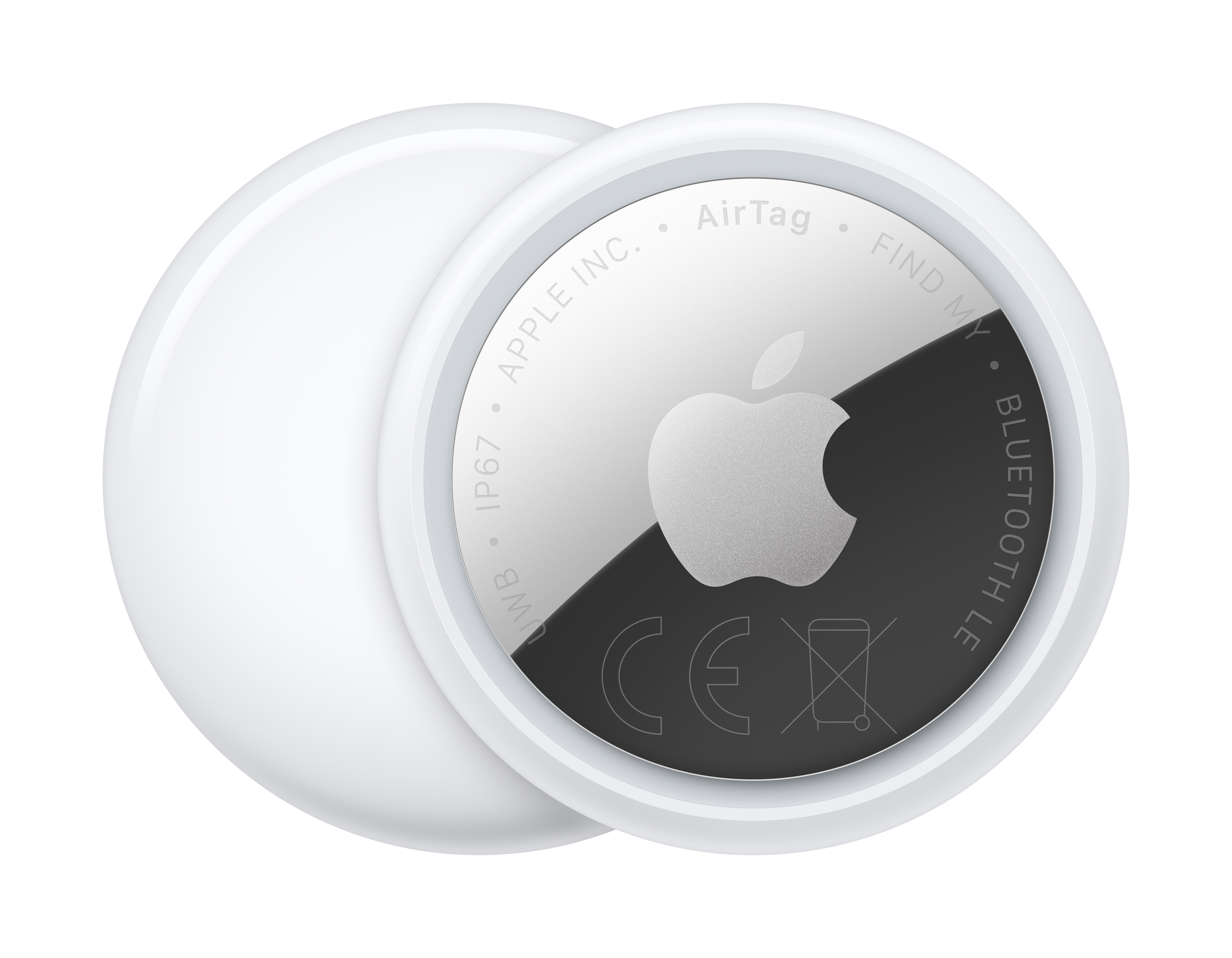 Ein weißer Apple AirTag mit dem Apple-Logo auf der Rückseite.