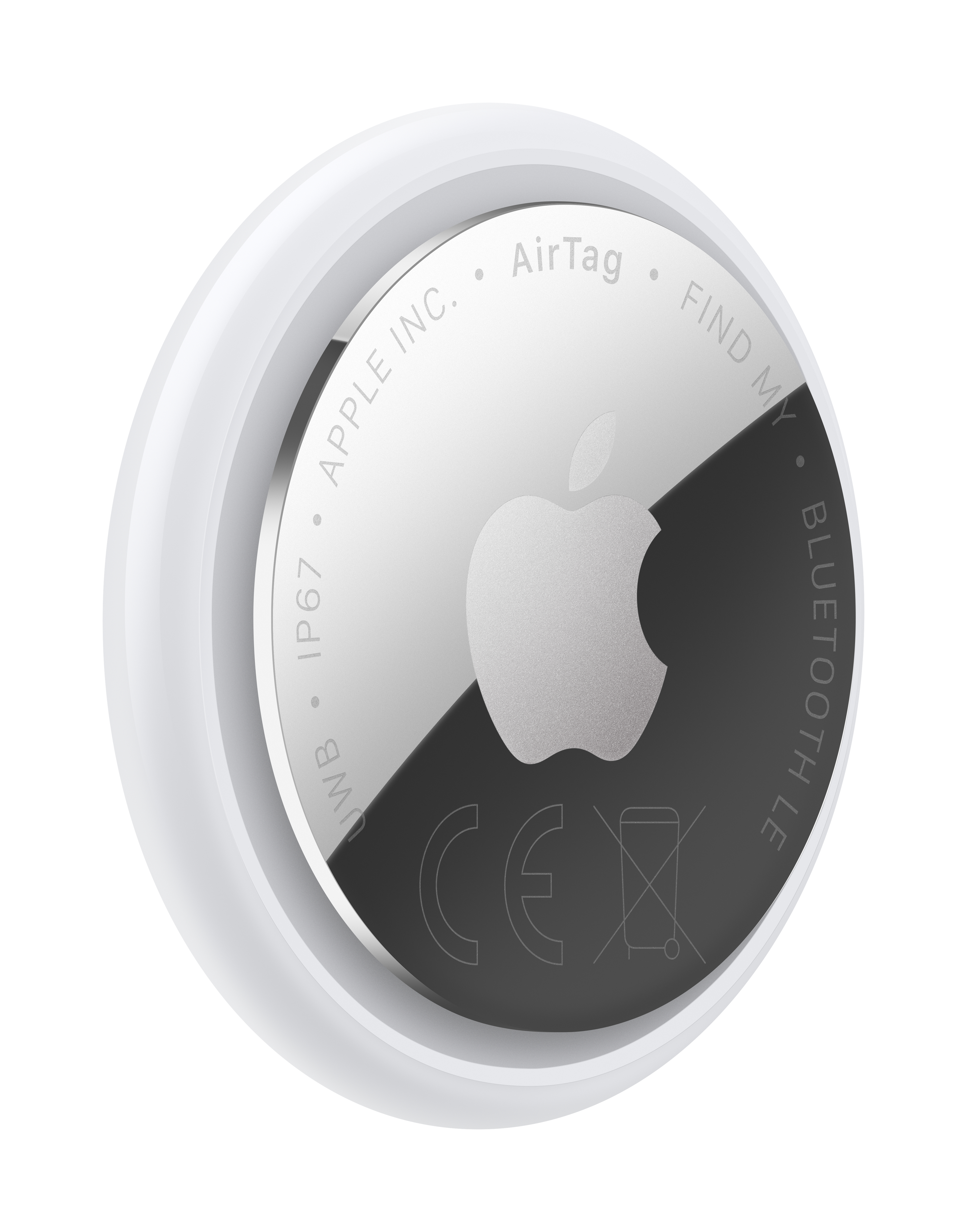 Weiße Apple AirTag mit silberner Rückseite und Apple-Logo.