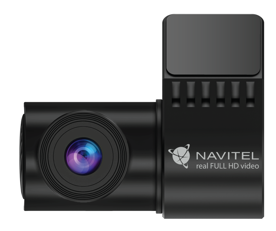 Fekete Navitel autós kamera lencsével és képernyővel. Közelkép.