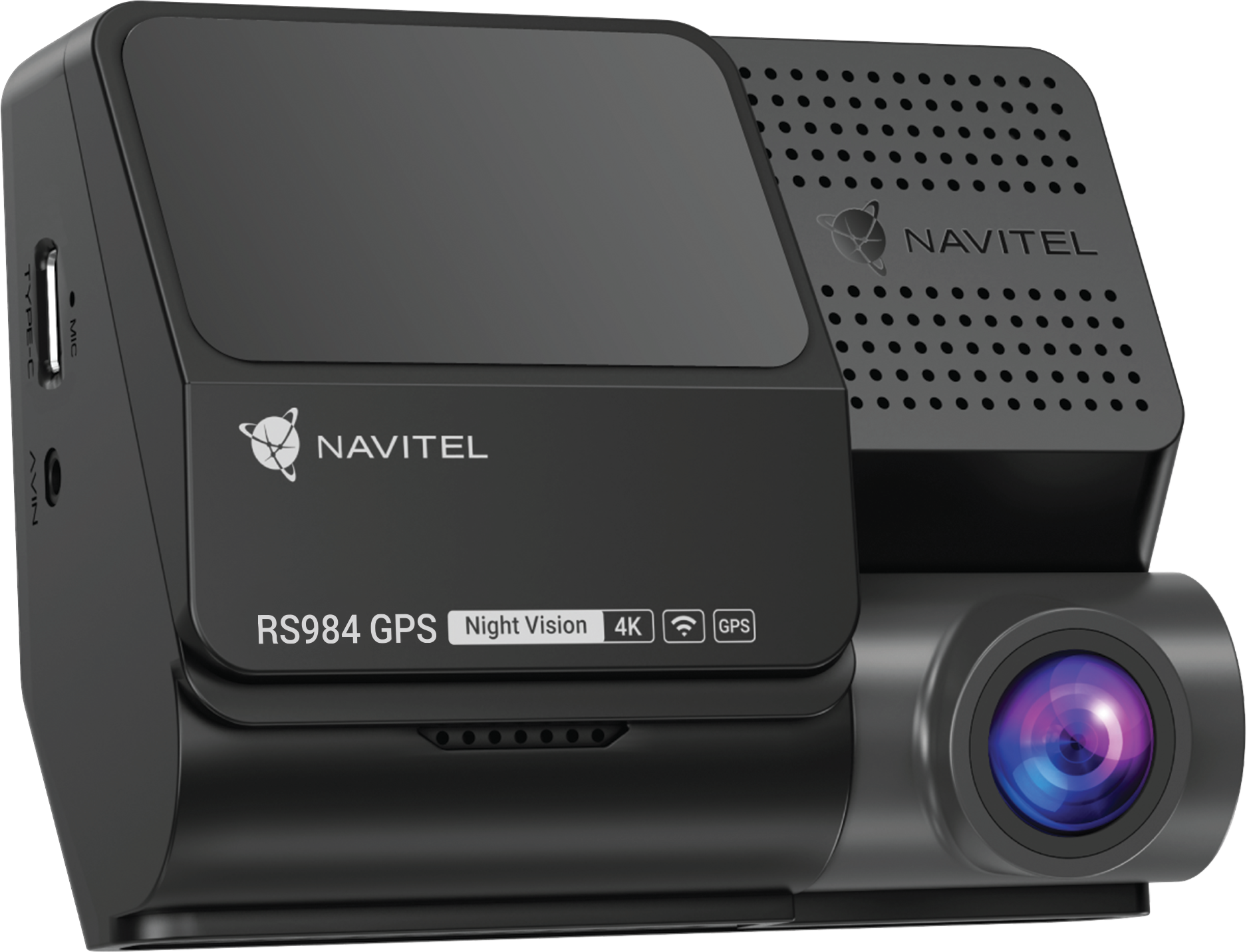 Egy fekete Navitel RS984 GPS műszerfali kamera éjjellátóval és 4K felbontással.
