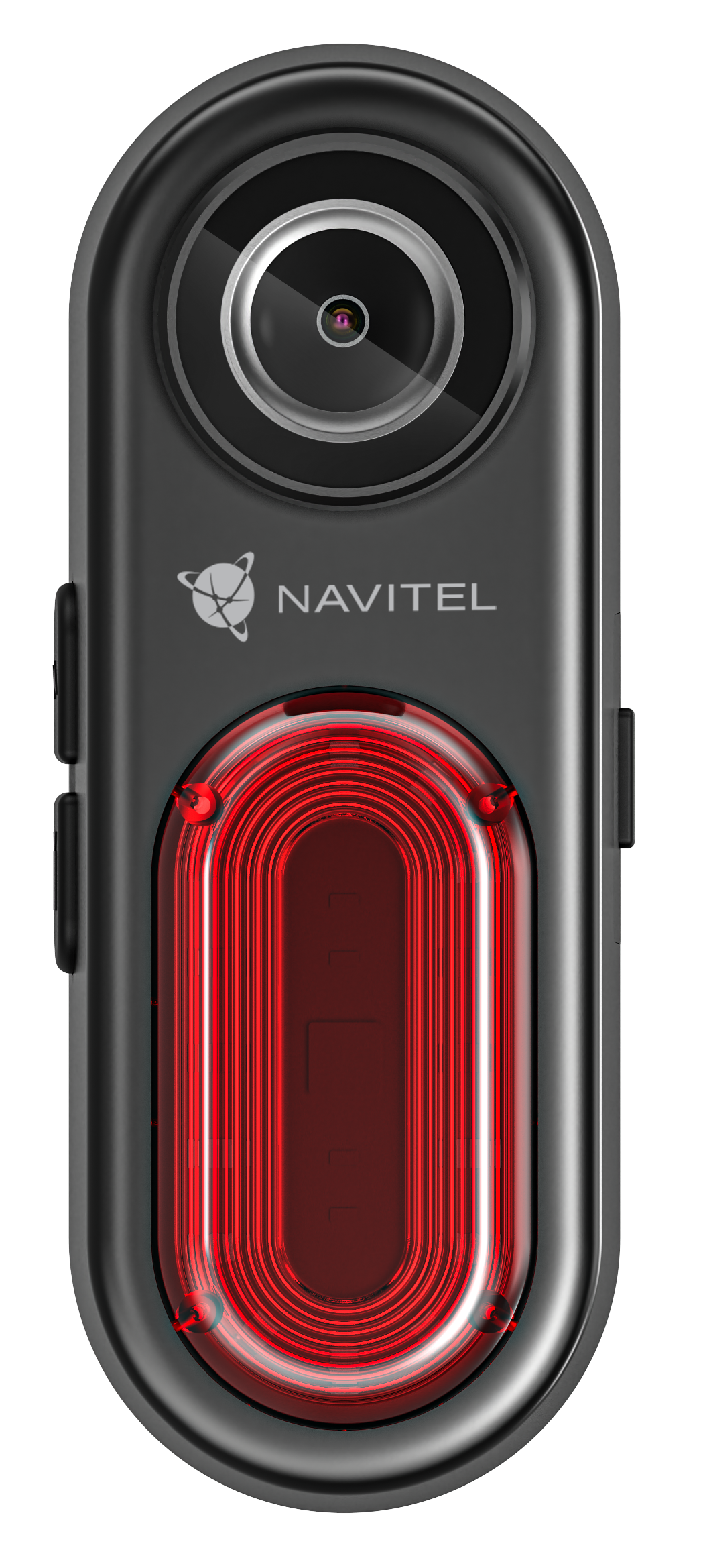 Fekete Navitel eszköz kamerával és piros LED fénnyel.