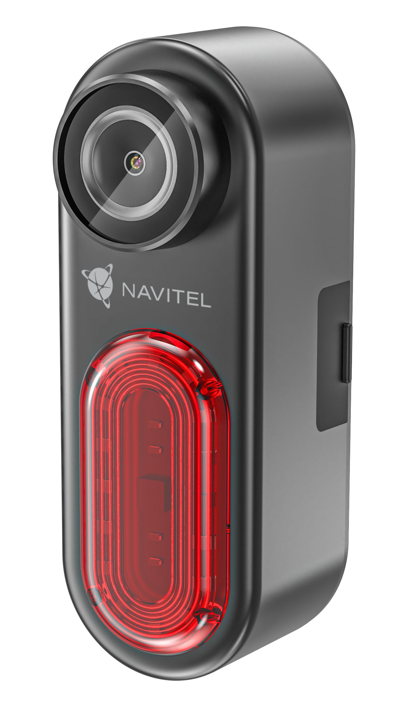 Fekete autós kamera piros hátsó lámpával és Navitel logóval.