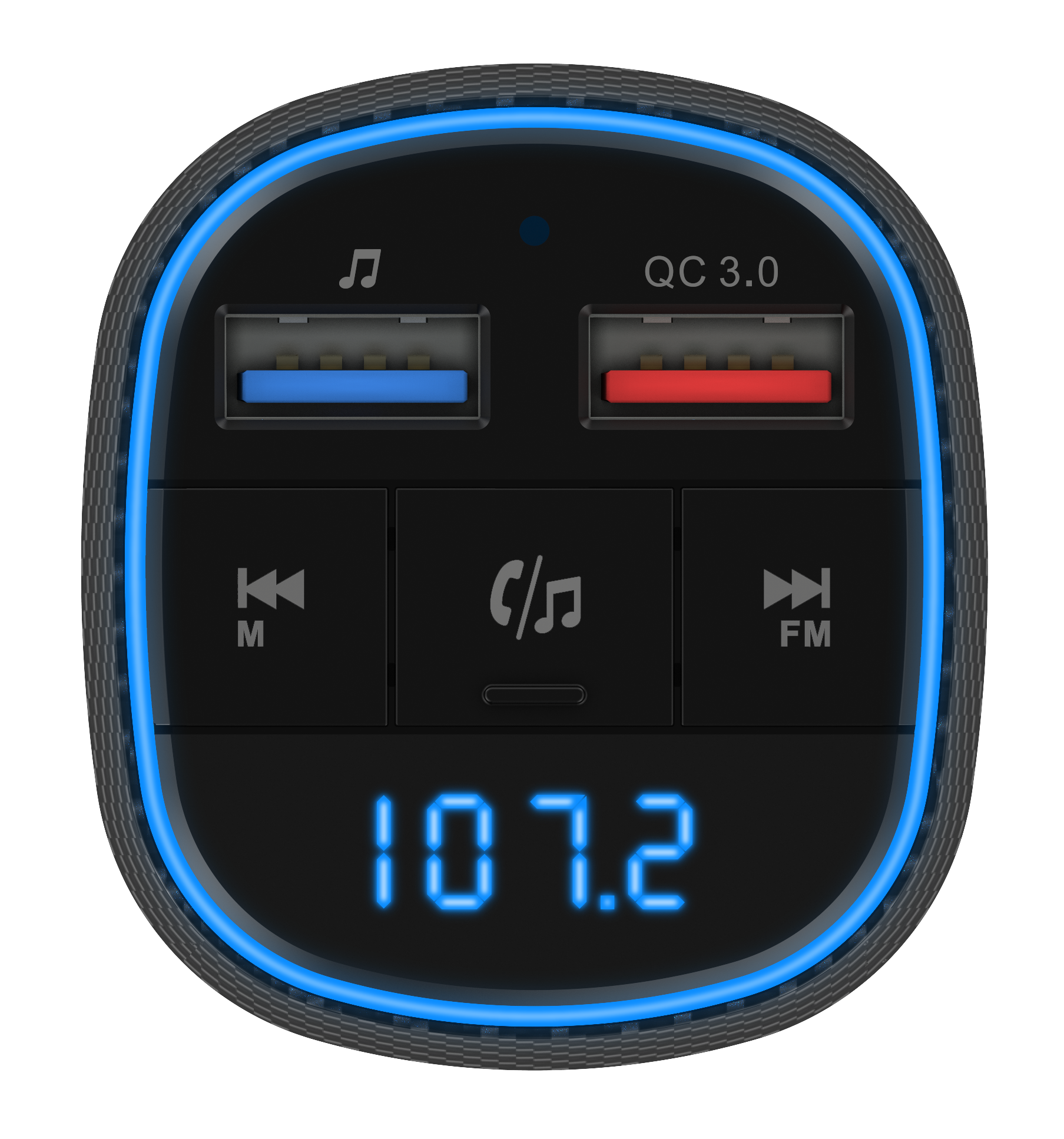 Egy fekete FM-adó két USB-porttal és kék LED kijelzővel.