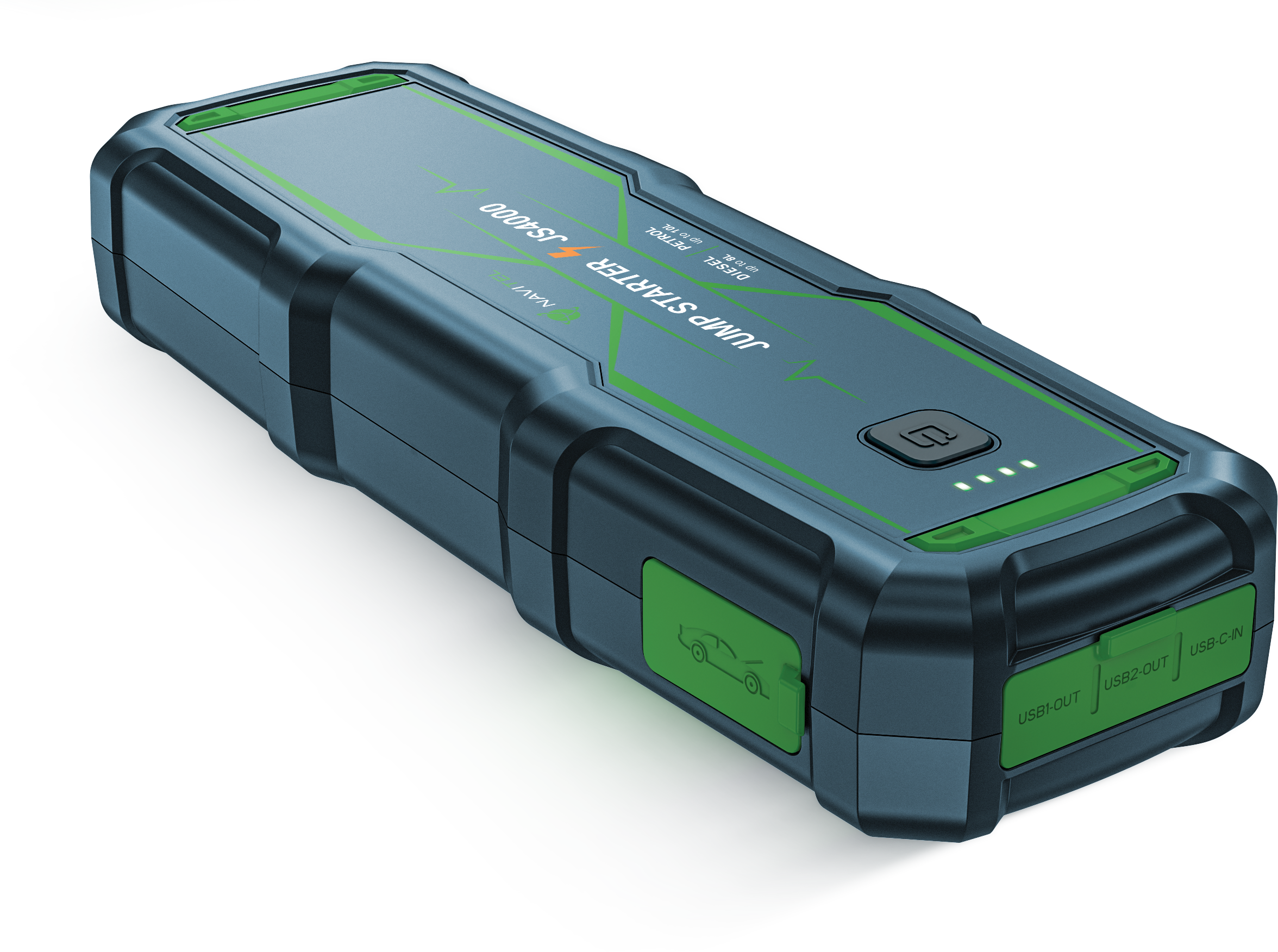 Sötétkék és zöld jump starter USB portokkal és töltésjelző lámpákkal.