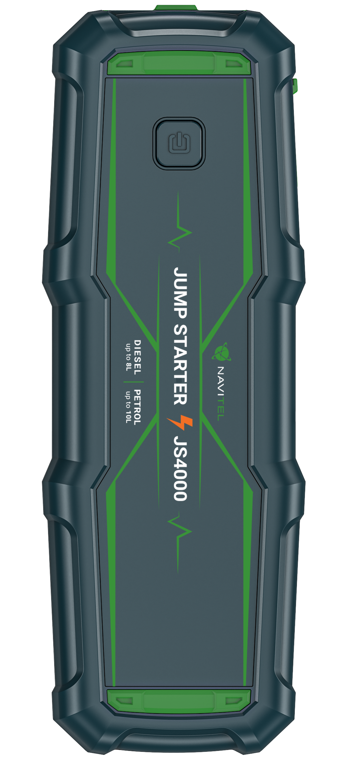 Sötétszürke bikázó zöld díszítésekkel és "Jump Starter JS4000" felirattal.