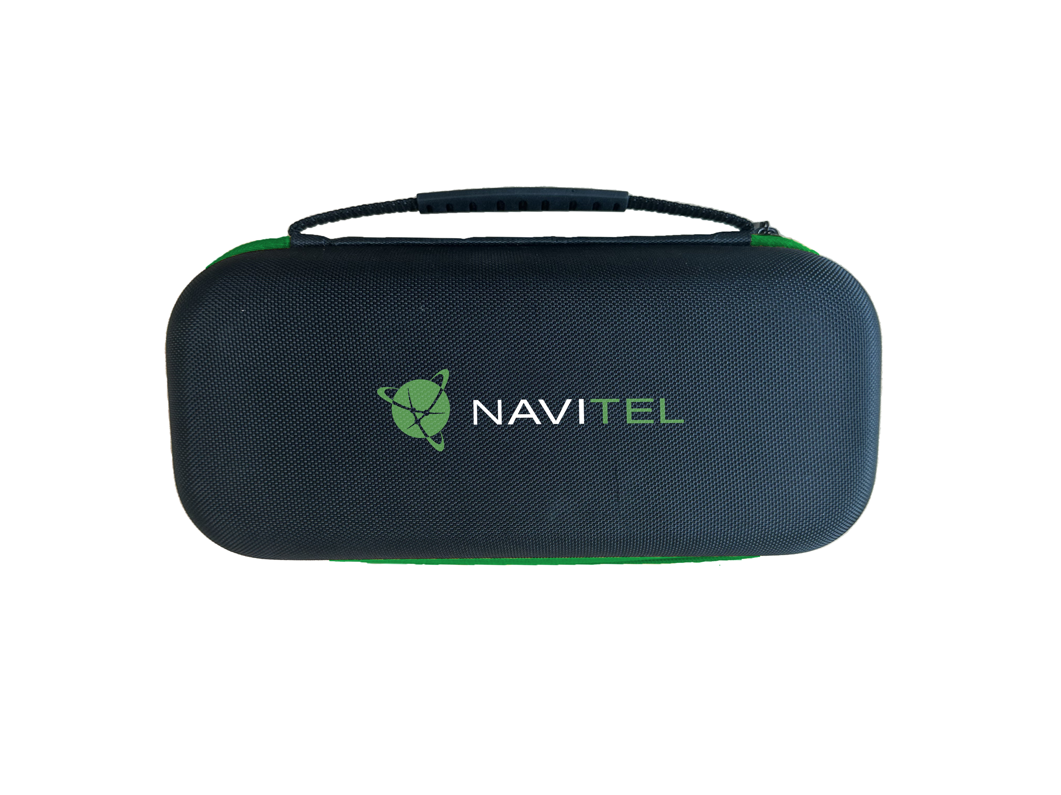 Sötétkék cipzáras tok zöld szegéllyel és Navitel logóval.
