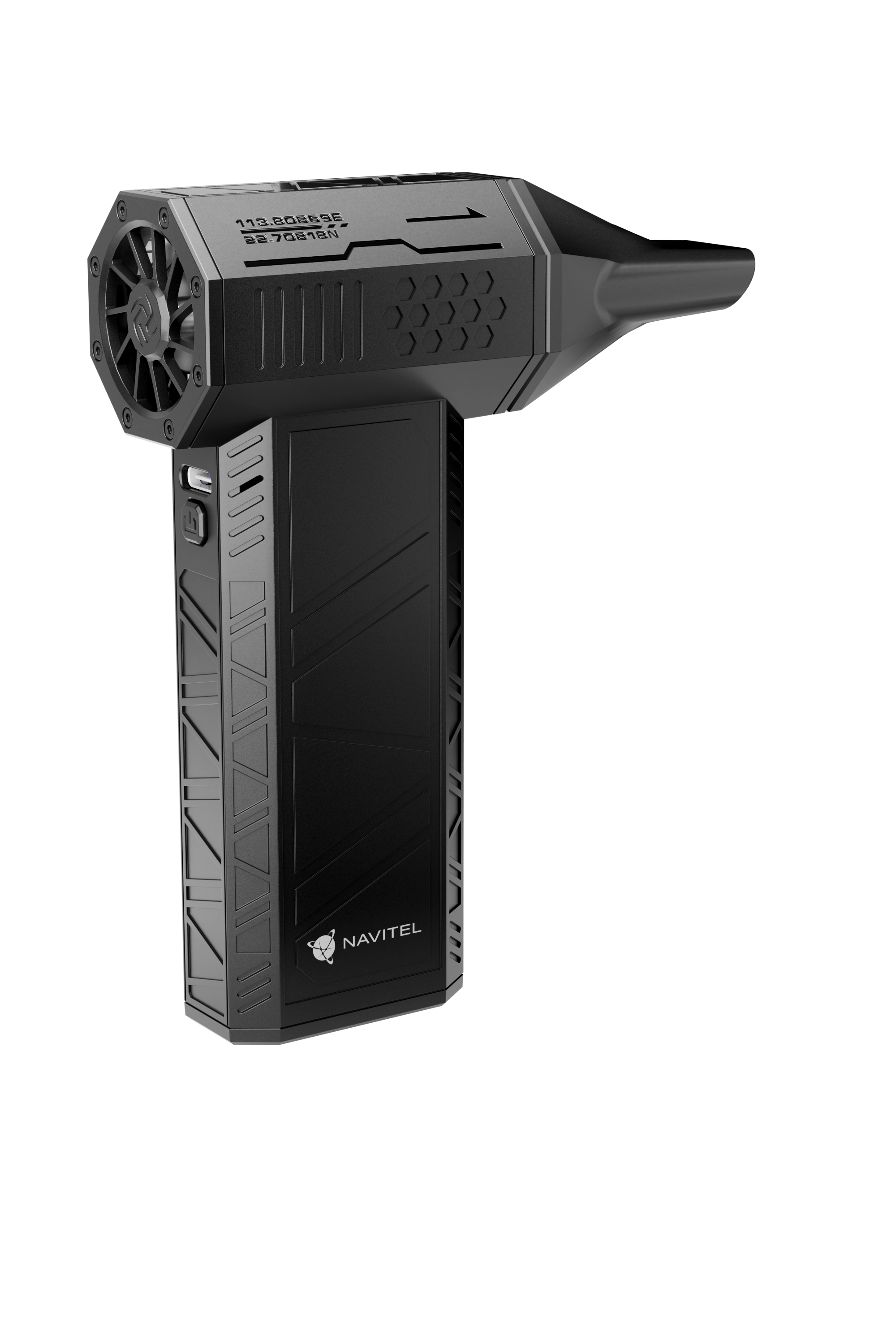Egy fekete Navitel légtisztító ventilátorral és USB porttal.