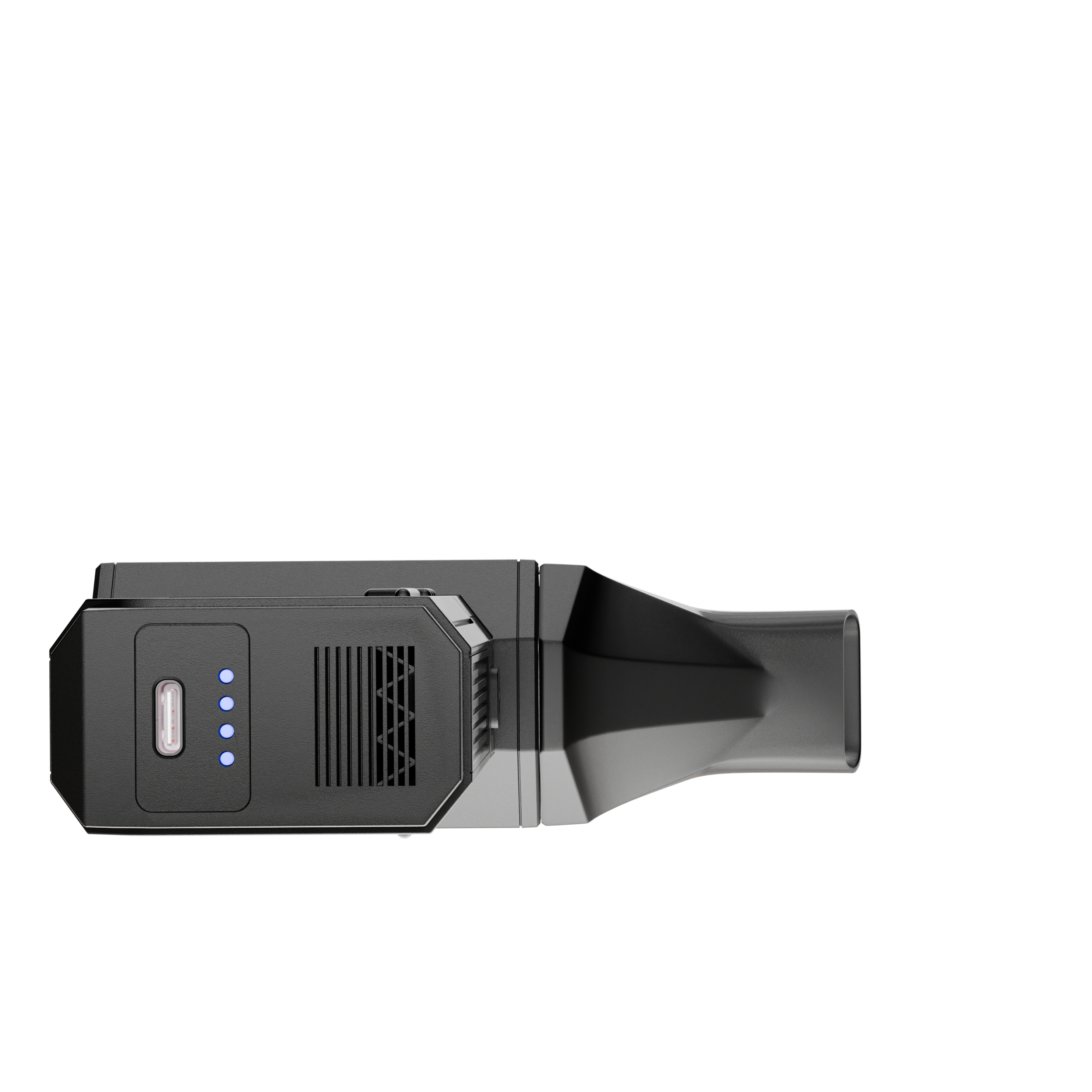 Fekete elektronikai eszköz USB porttal és kék jelzőfényekkel.