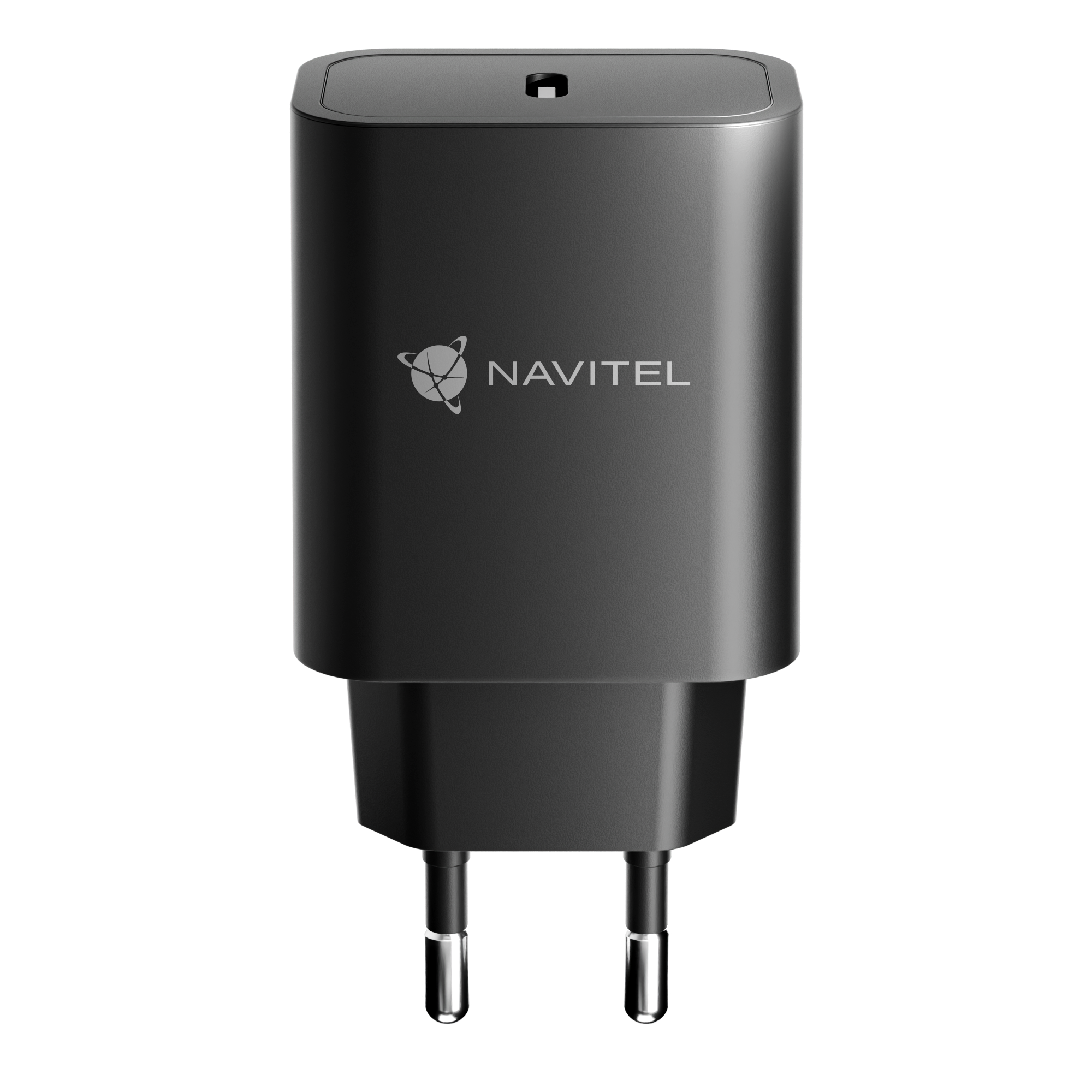 Fekete Navitel hálózati adapter USB-C porttal és két fém tüskével.