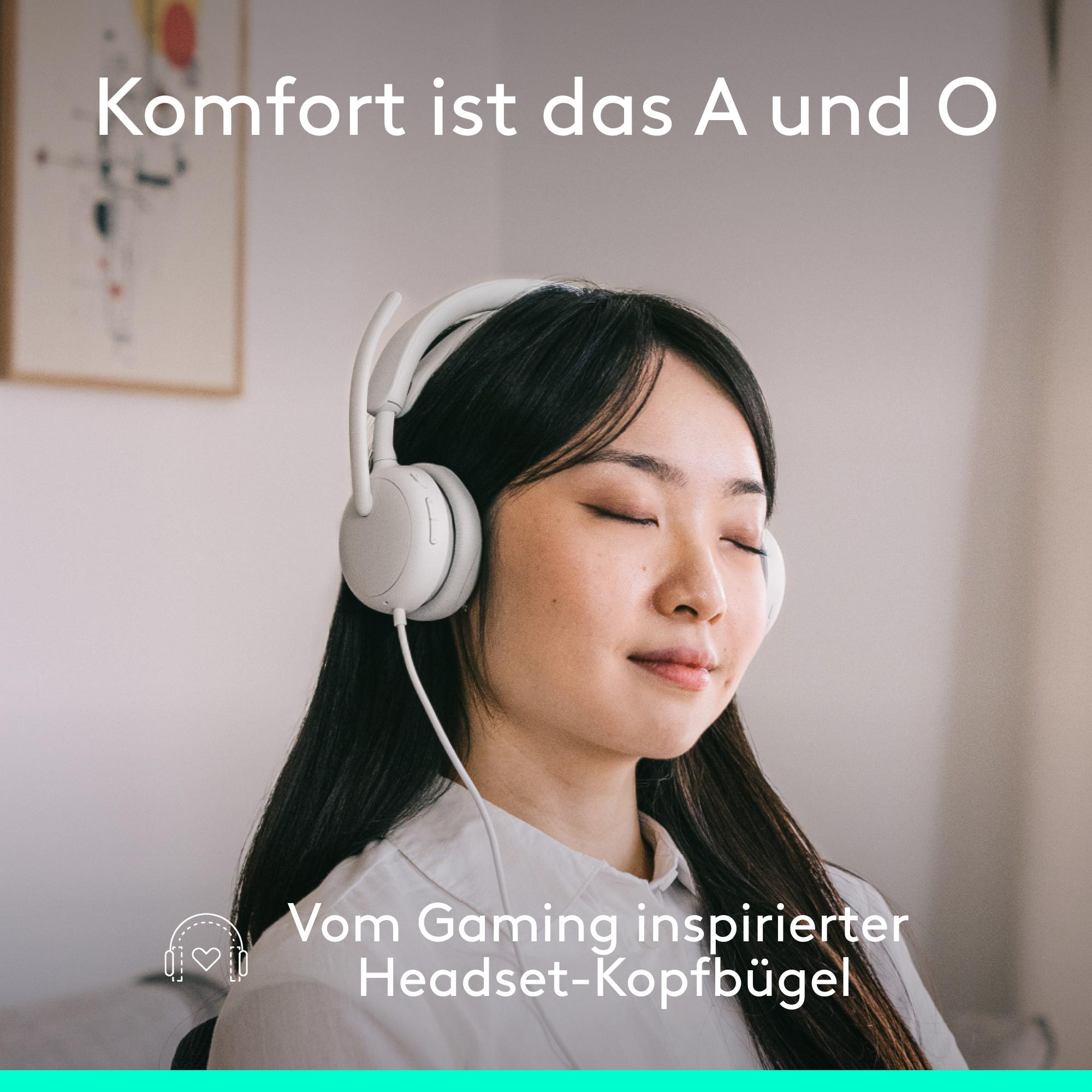 Eine Frau mit Kopfhörern schließt die Augen. Text: Komfort ist das A und O.