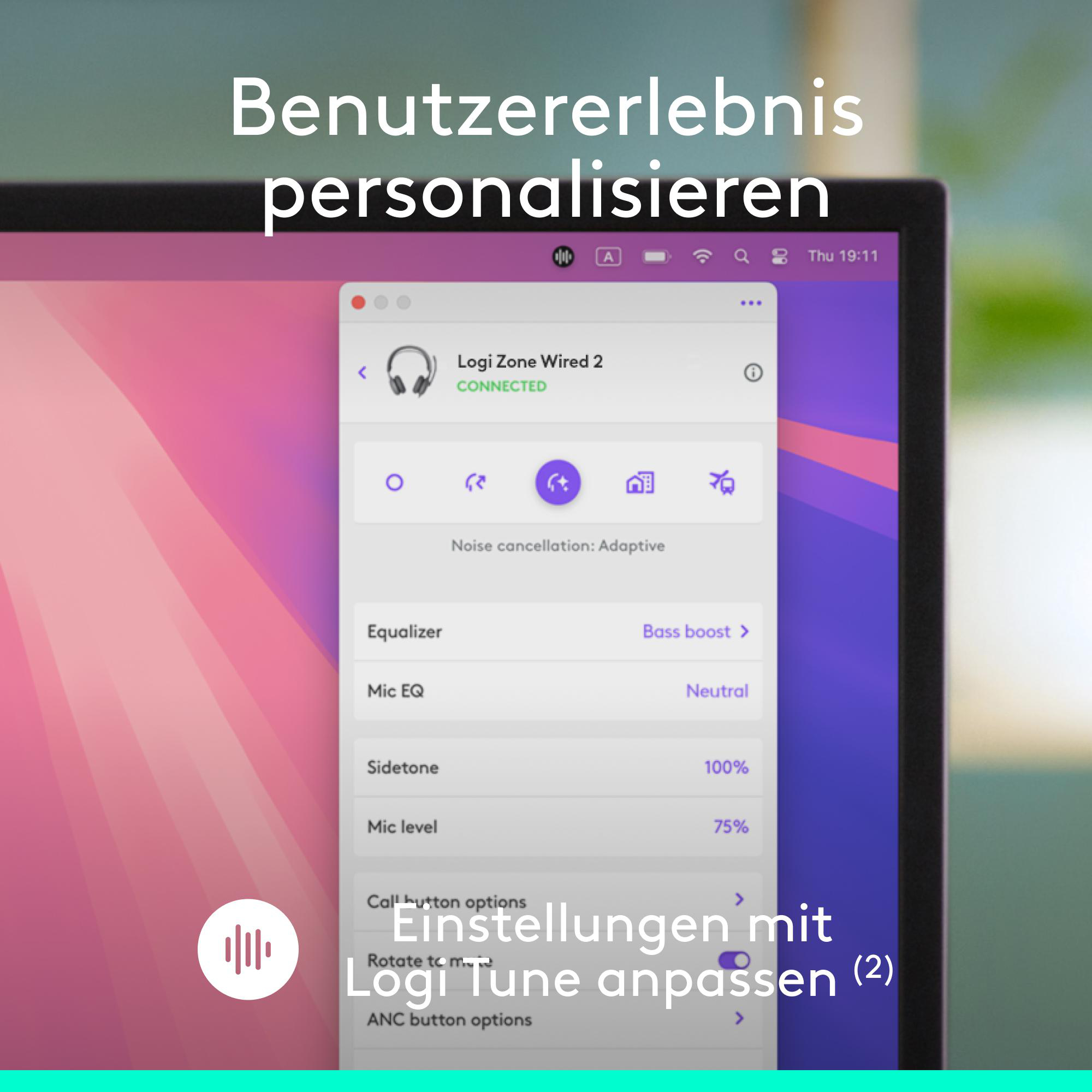 Logi Tune Fenster zeigt Audioeinstellungen für Logi Zone Wired 2 Kopfhörer.