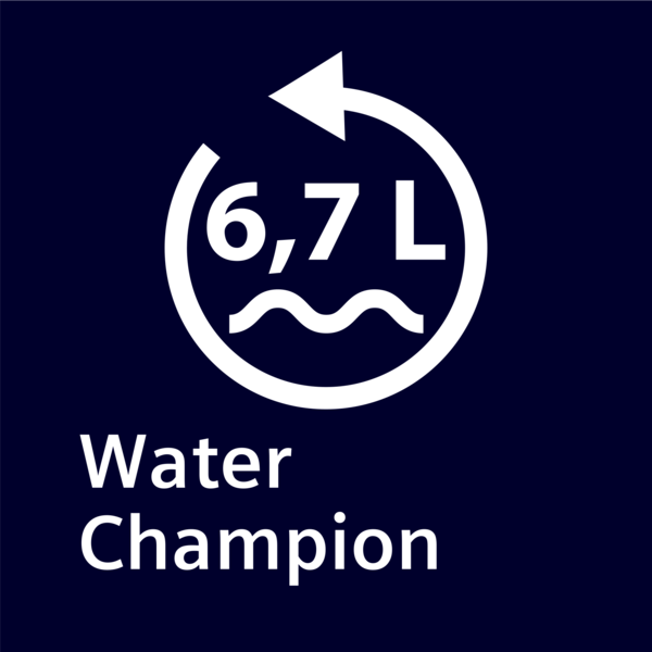 6,7 L, dalgalar ve ok içeren sembol. Metin: Water Champion.