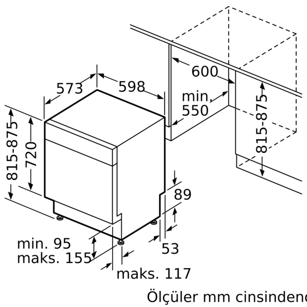 Entegre bulaşık makinesinin teknik çizimi, mm cinsinden ölçüler.