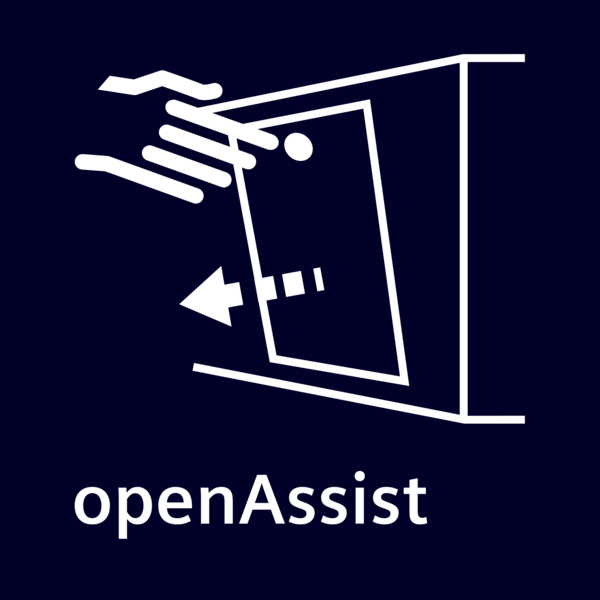 Bir kapıyı açmak için beyaz bir ok sola işaret eder. Metin: openAssist.