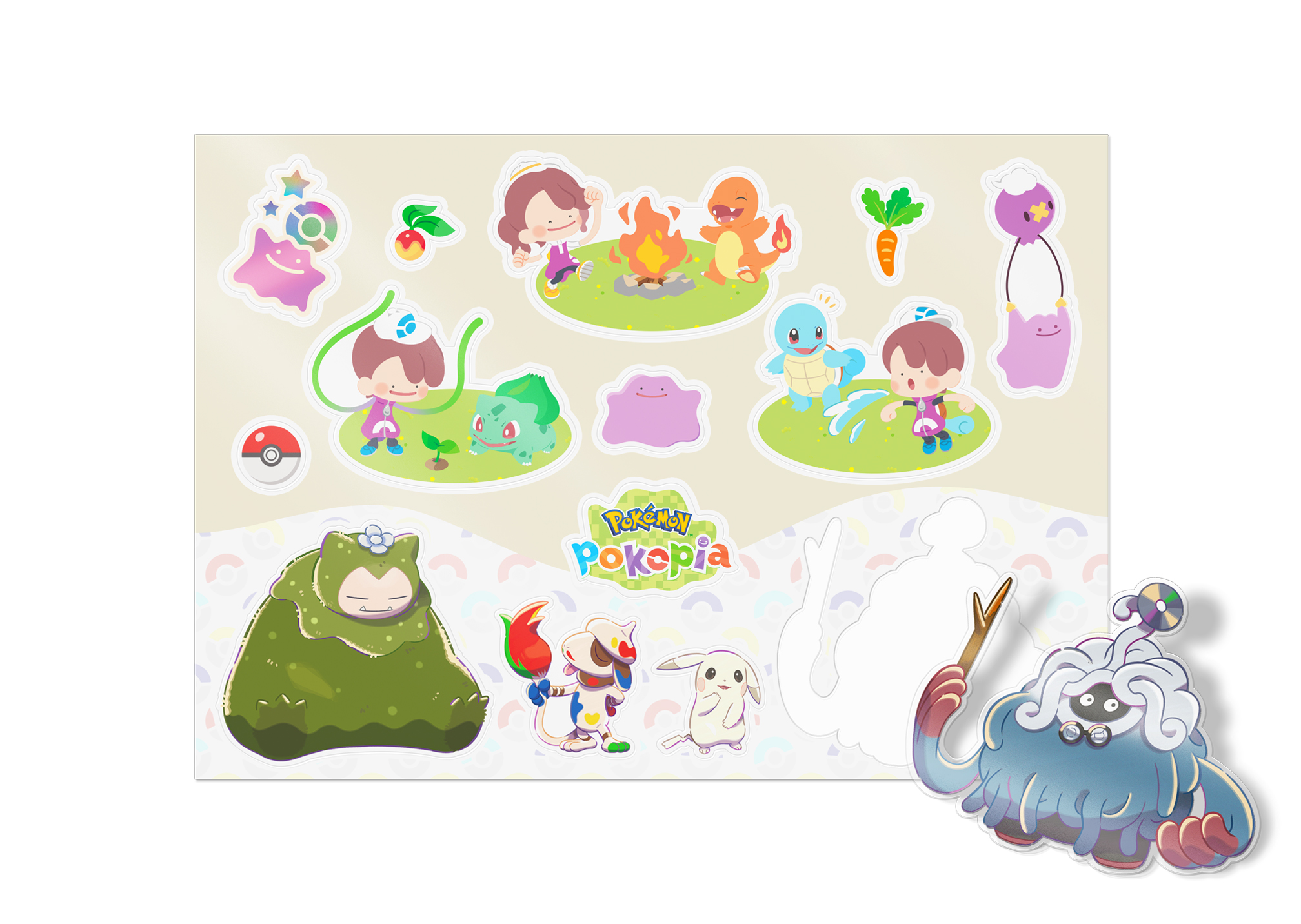 Kolorowe naklejki Pokémon z postaciami takimi jak Snorlax i Pikachu w różnych scenach.