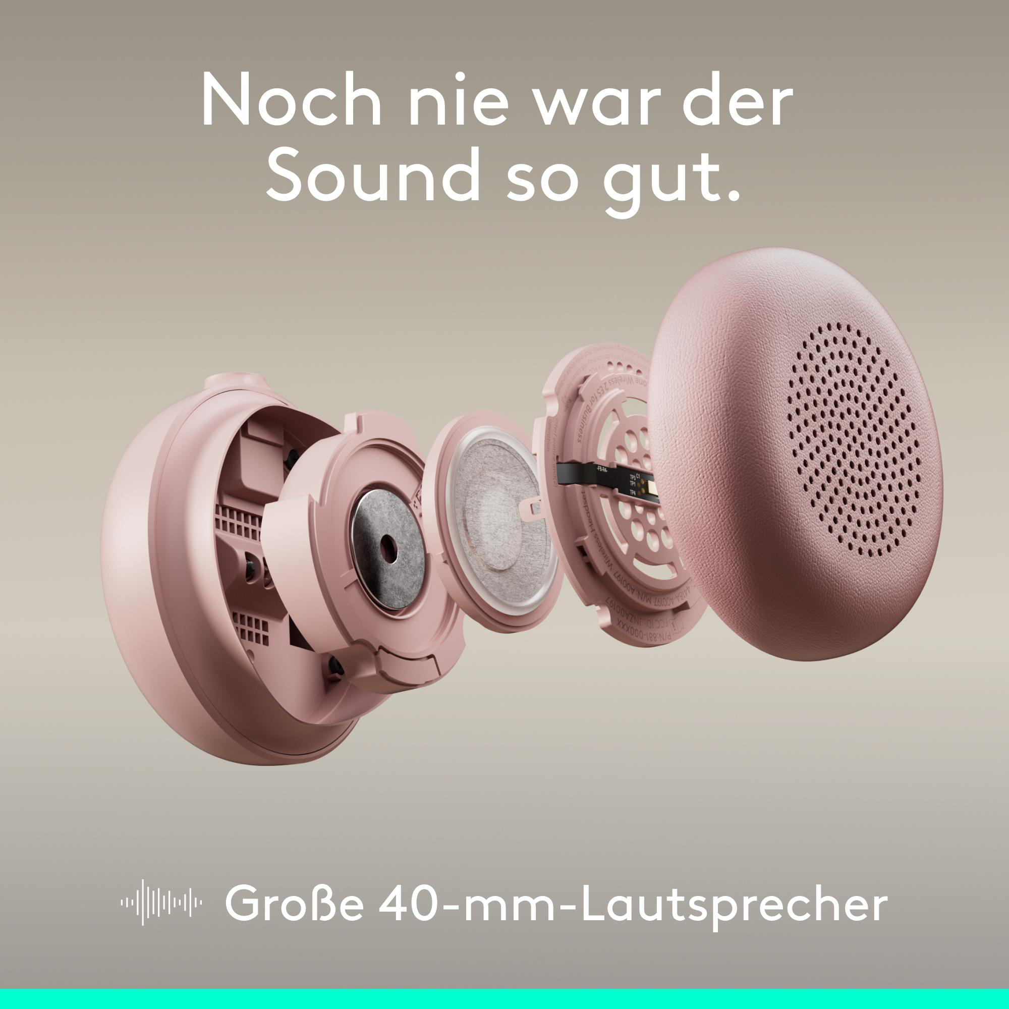 Explodierte Ansicht eines rosafarbenen Kopfhörers mit 40-mm-Treibern.