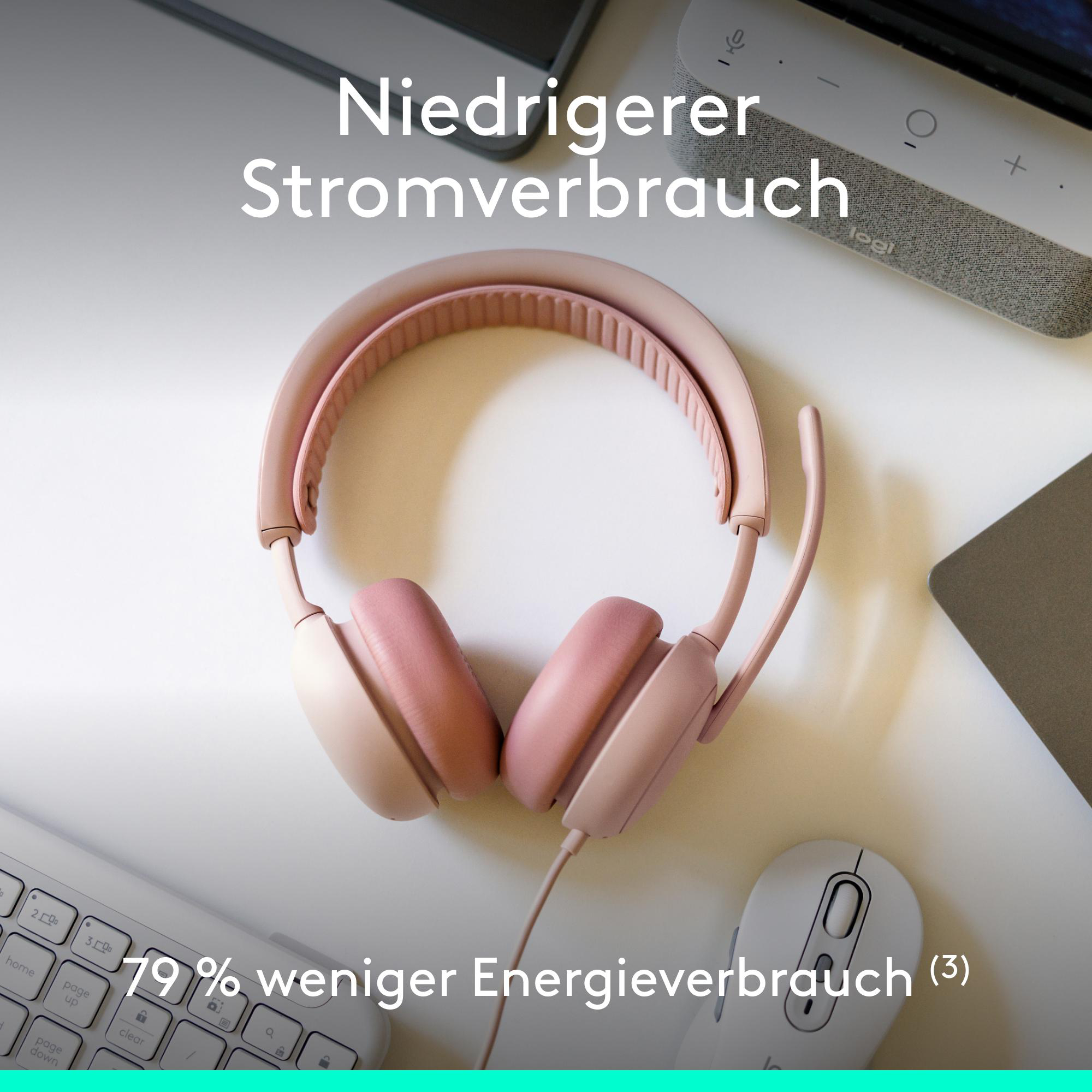 Ein rosafarbener Kopfhörer liegt neben einer Maus und Tastatur.