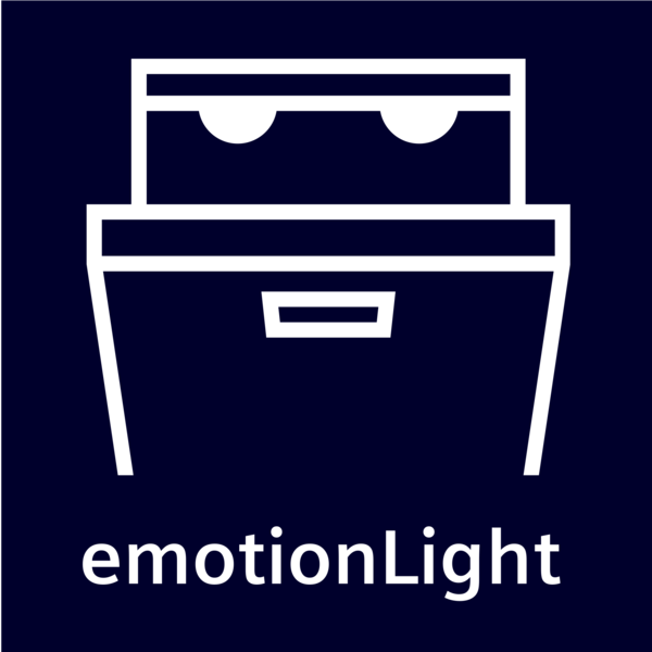EmotionLight yazılı robot yüzünün beyaz çizgi çizimi.