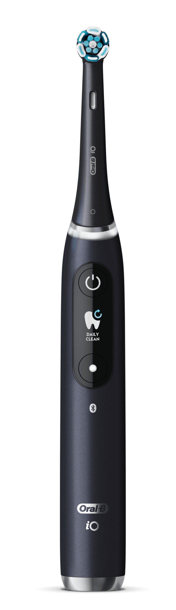 Ciemnoszara szczoteczka Oral-B iO z niebiesko-białym włosiem i podświetlanym wyświetlaczem.