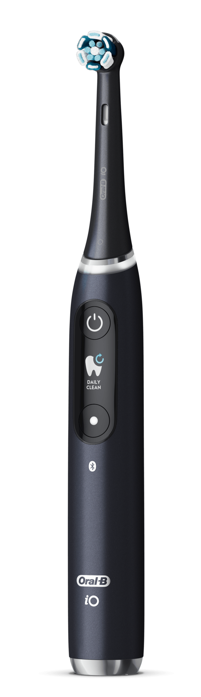 Ciemnoszara szczoteczka elektryczna z białoniebieskimi włoskami i przyciskami.