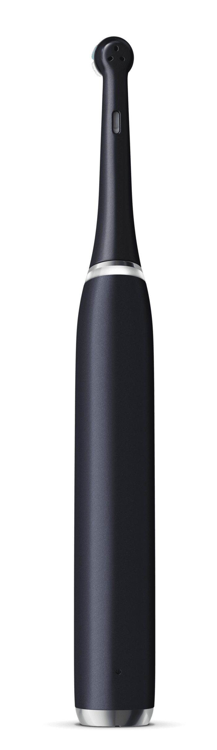 Ciemnoszara szczoteczka elektryczna z srebrnym pierścieniem i okrągłymi włoskami.