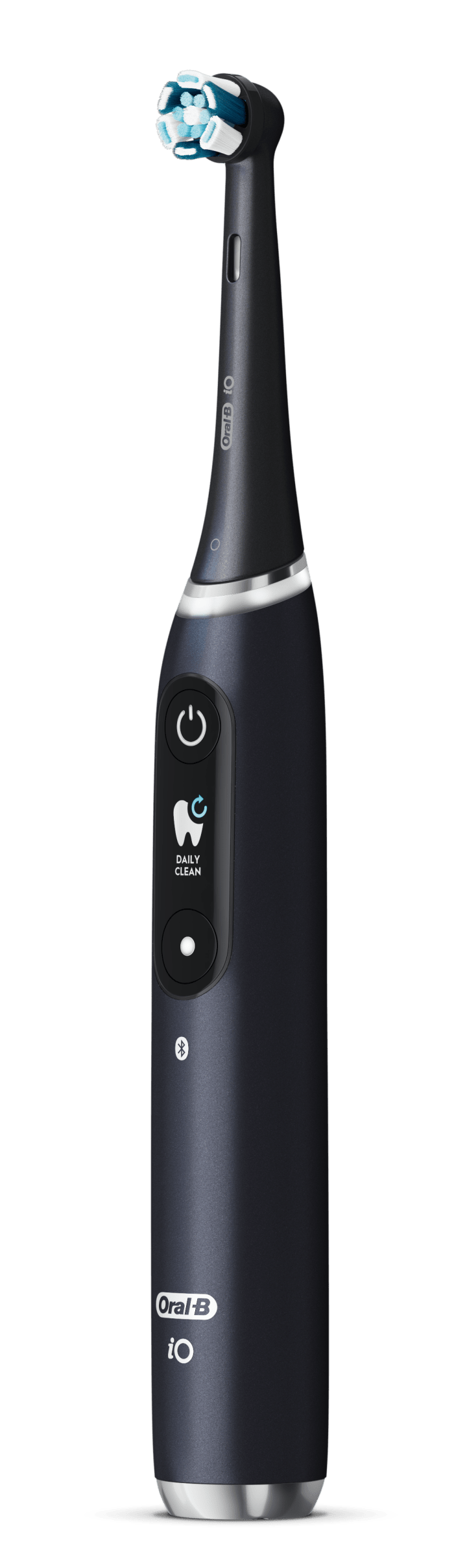 Ciemnoszara szczoteczka elektryczna z biało-niebieskim włosiem i srebrną podstawą.