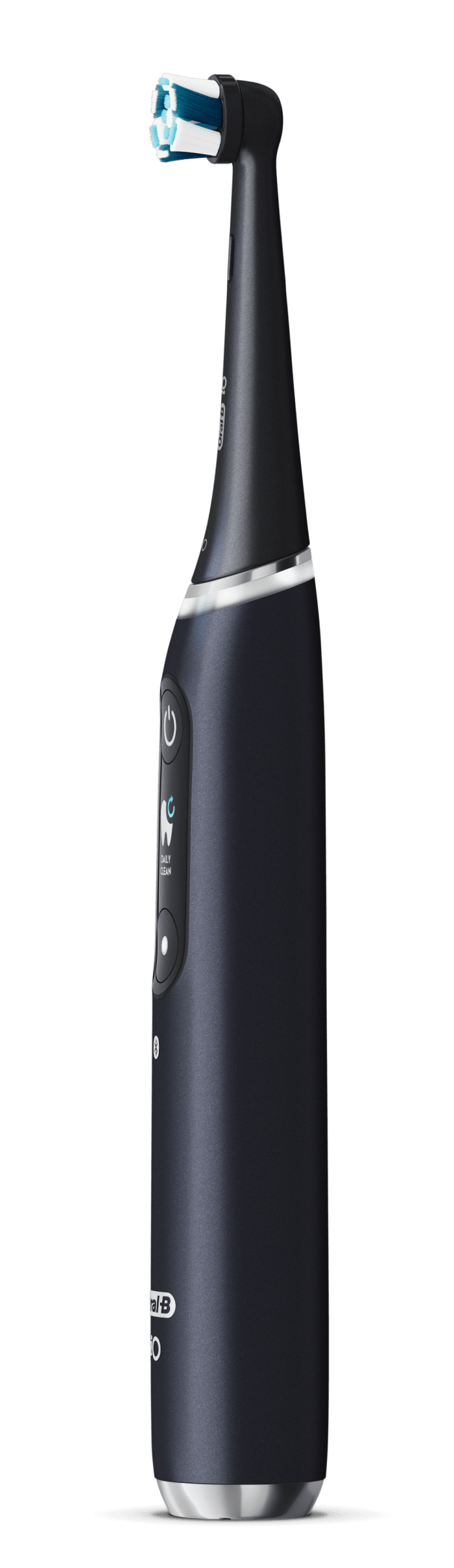 Czarna szczoteczka elektryczna z niebiesko-białym włosiem i srebrną podstawą.