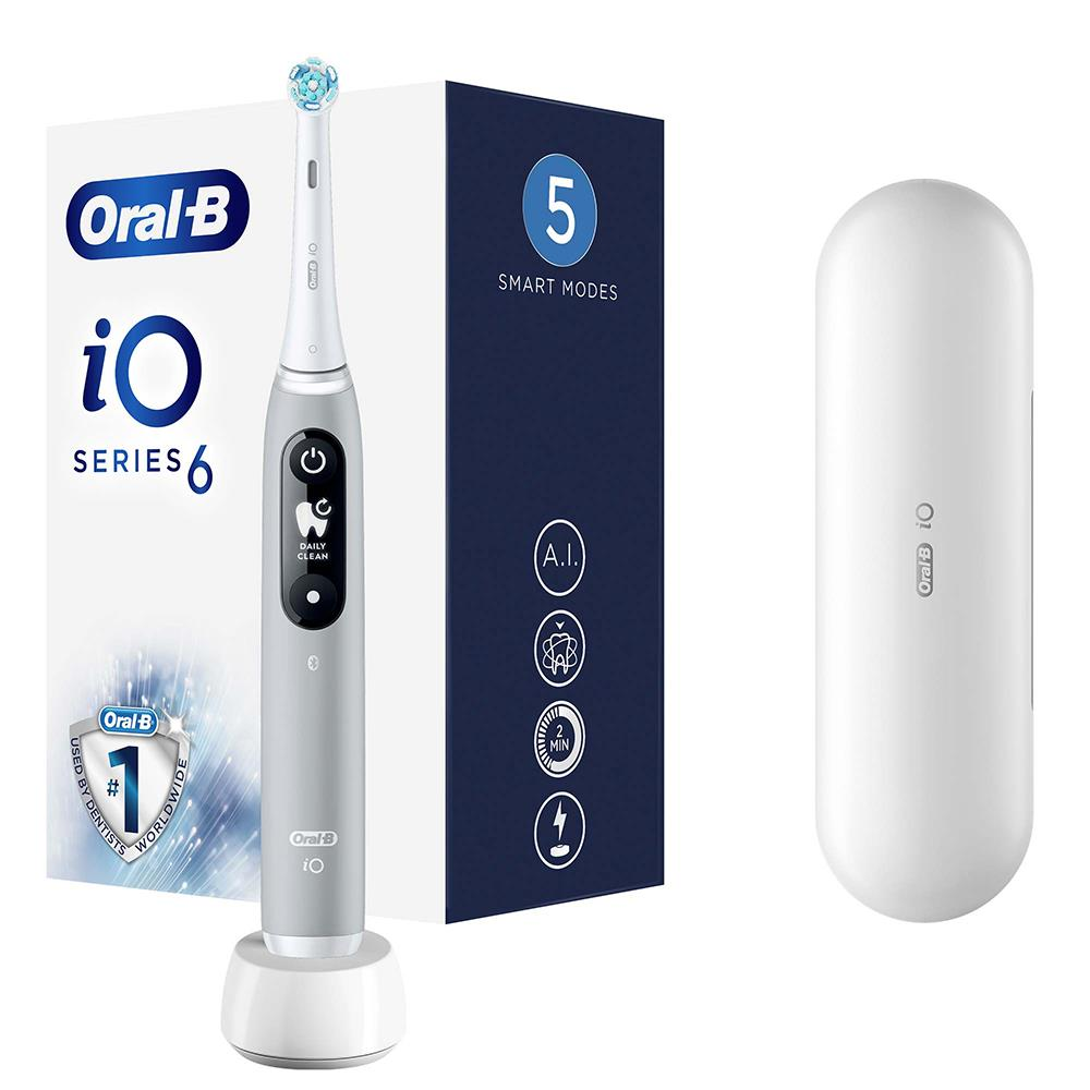 Szara szczoteczka Oral-B iO Series 6 z etui ładującym. Opakowanie pokazuje 5 inteligentnych trybów.