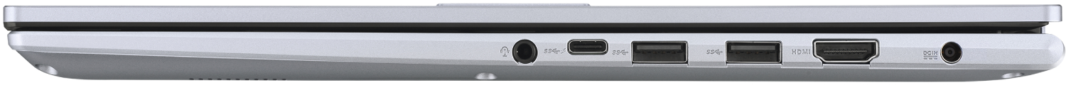 Portátil plateado con puertos: jack de audio, USB-C, dos USB-A, HDMI, DC-IN.