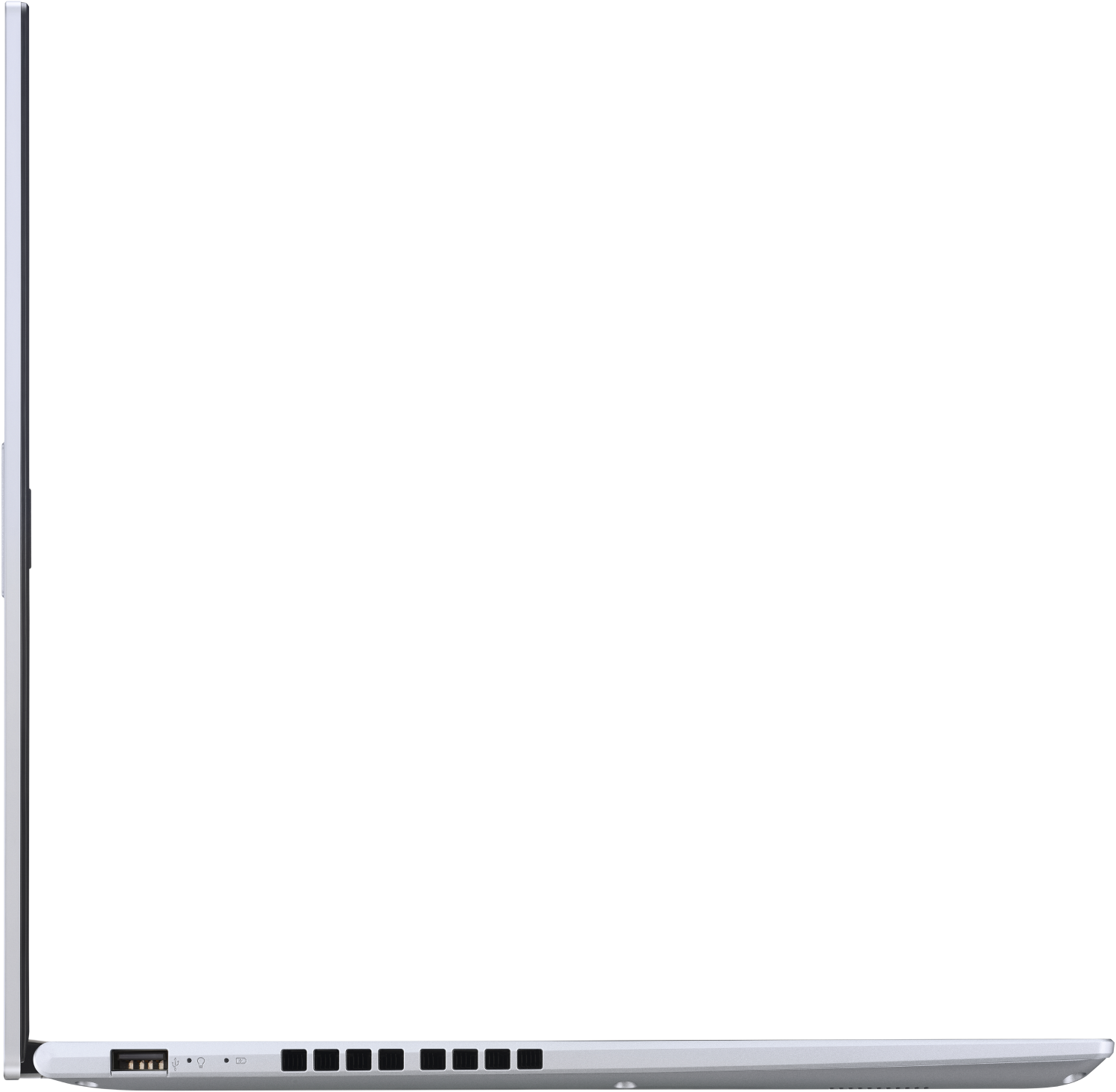 Vista lateral de laptop plateada con puertos. USB, conector de audio, lector SD.