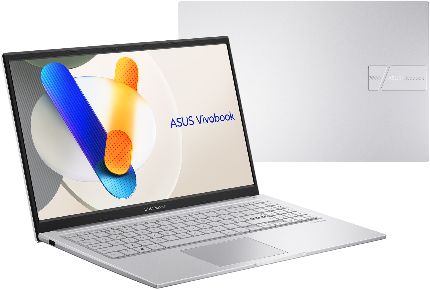 Un portátil ASUS Vivobook plateado con un fondo de pantalla colorido.